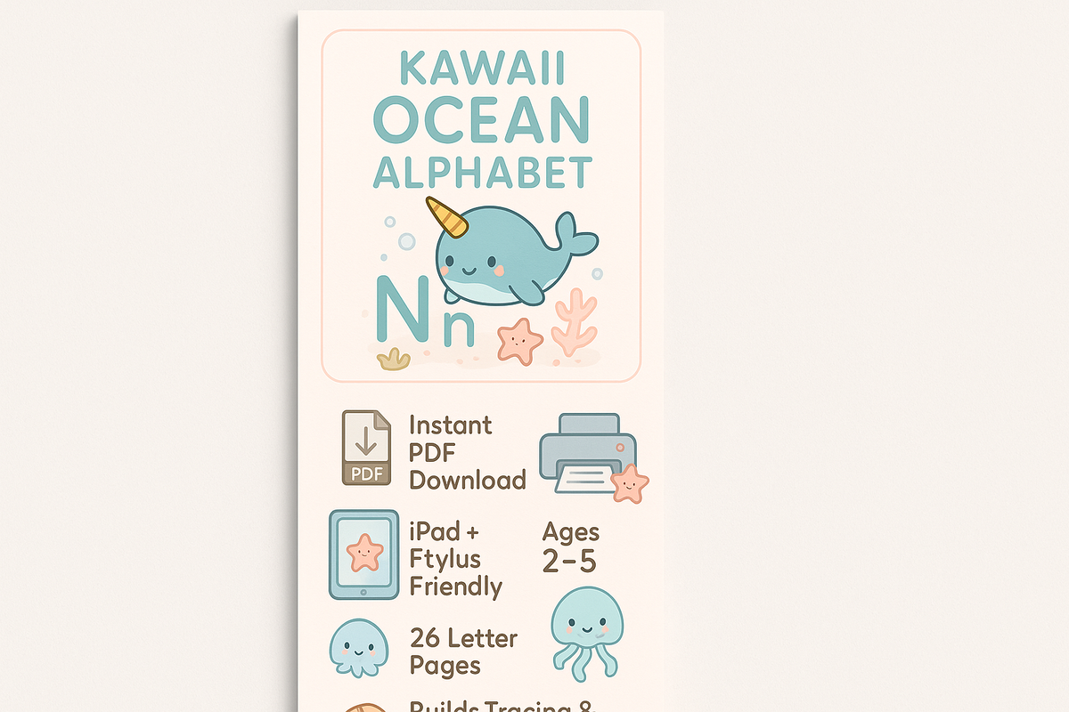 Kawaii Ocean Alphabet Tracing & Coloring Book | Digital Download Pdf