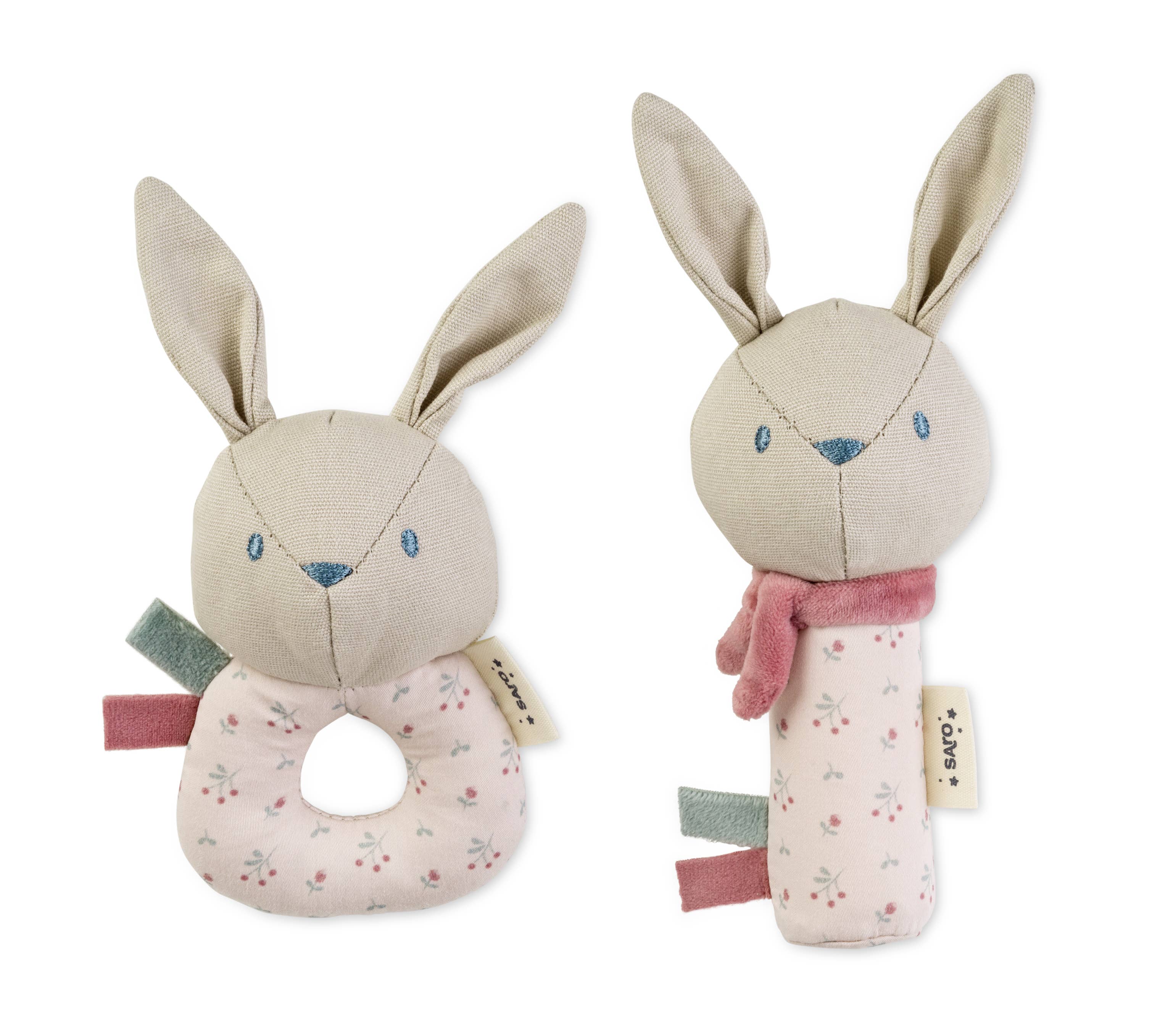 “Cotton Bunnies” Rattle Ring + Squeaker Set - Dusty Pink