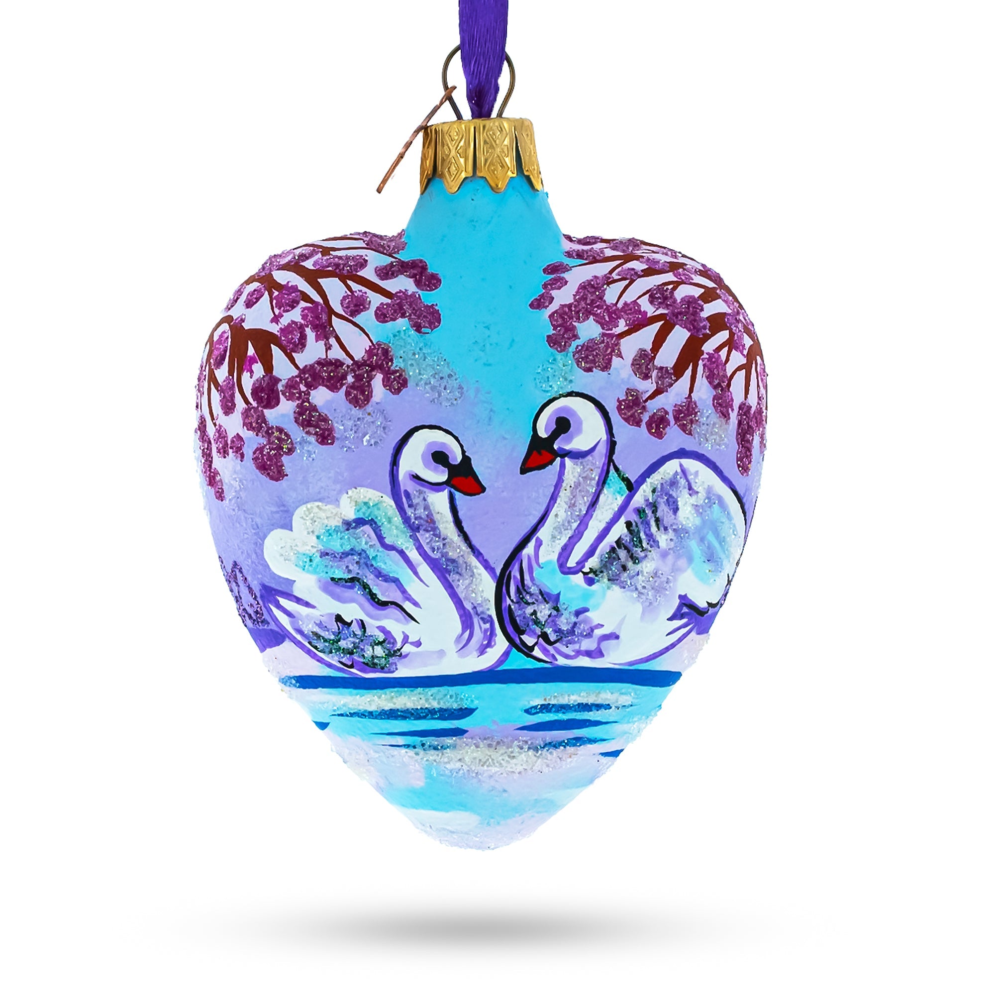 Swans In Love Glass Heart Christmas Ornament