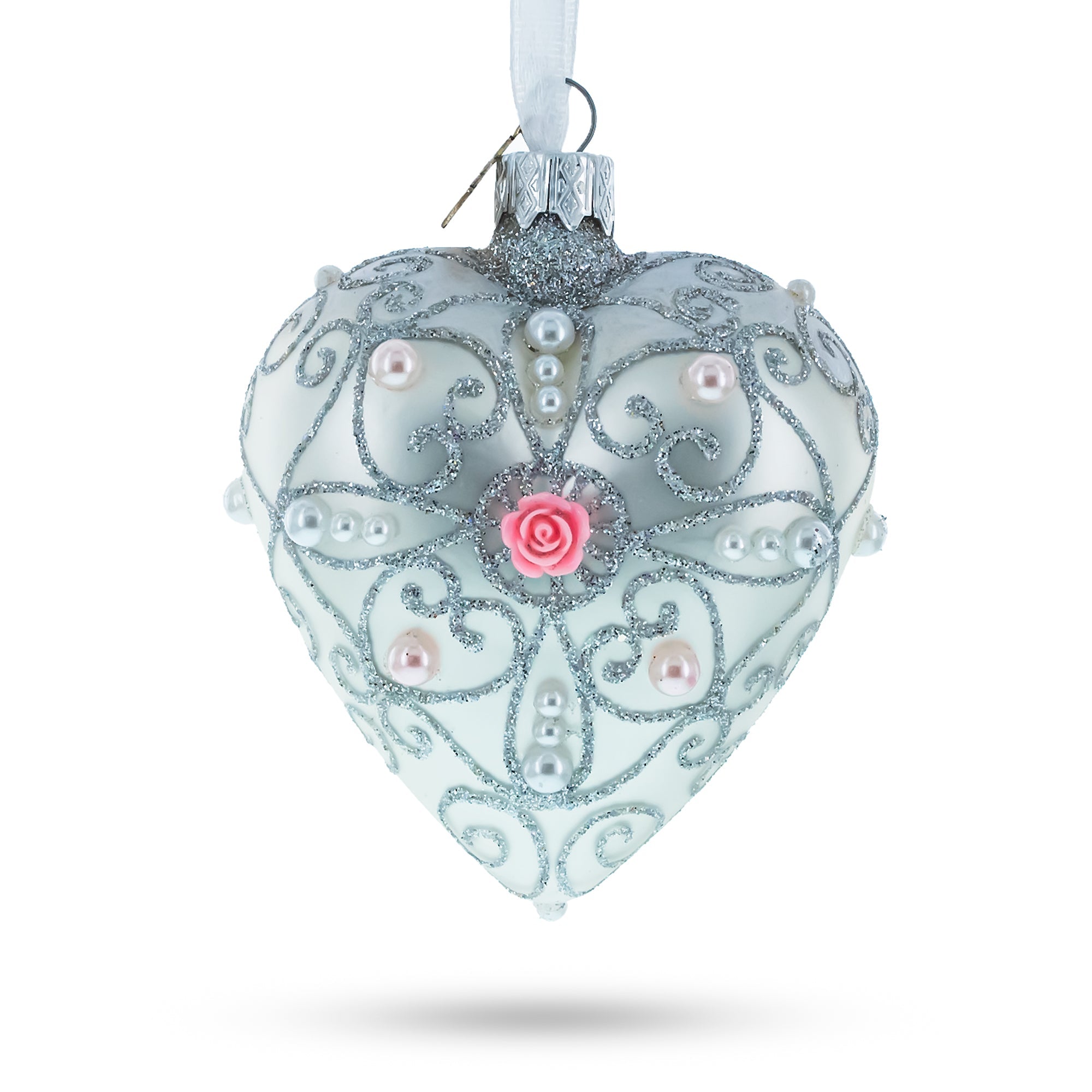 Silver Color Heart With Pink Rose Glass Heart Christmas Ornament