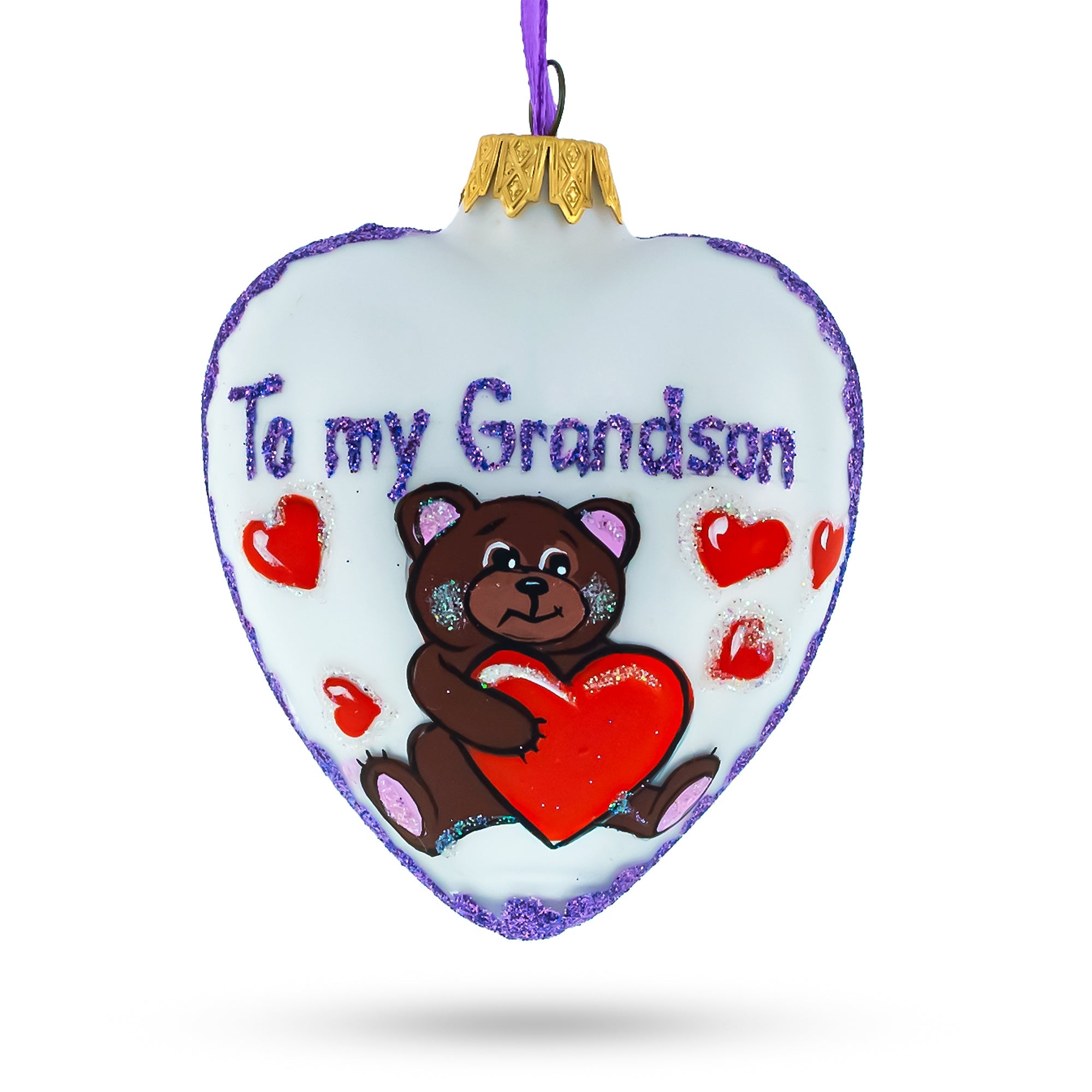 Teddy For My Grandson Glass Heart Christmas Ornament