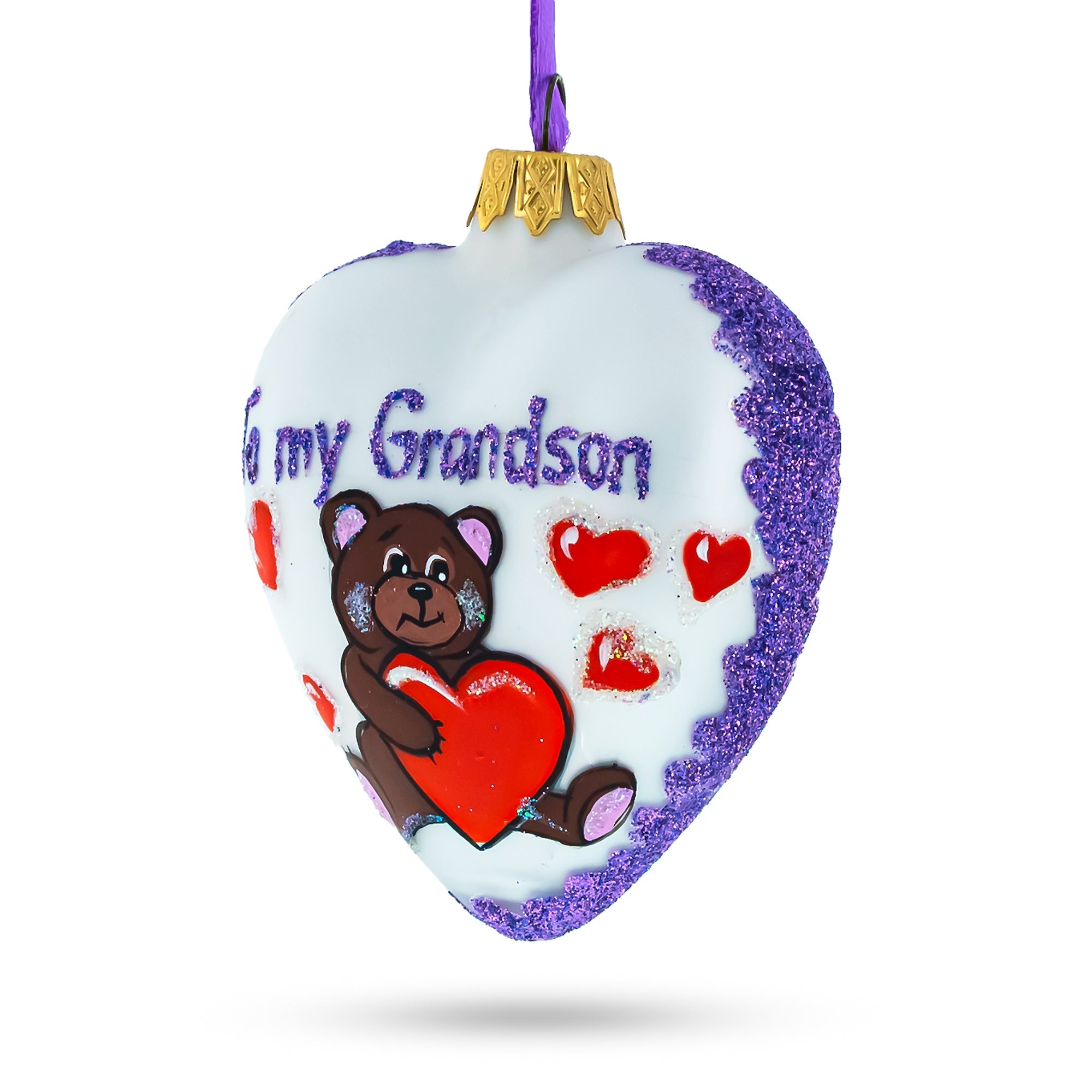 Teddy For My Grandson Glass Heart Christmas Ornament