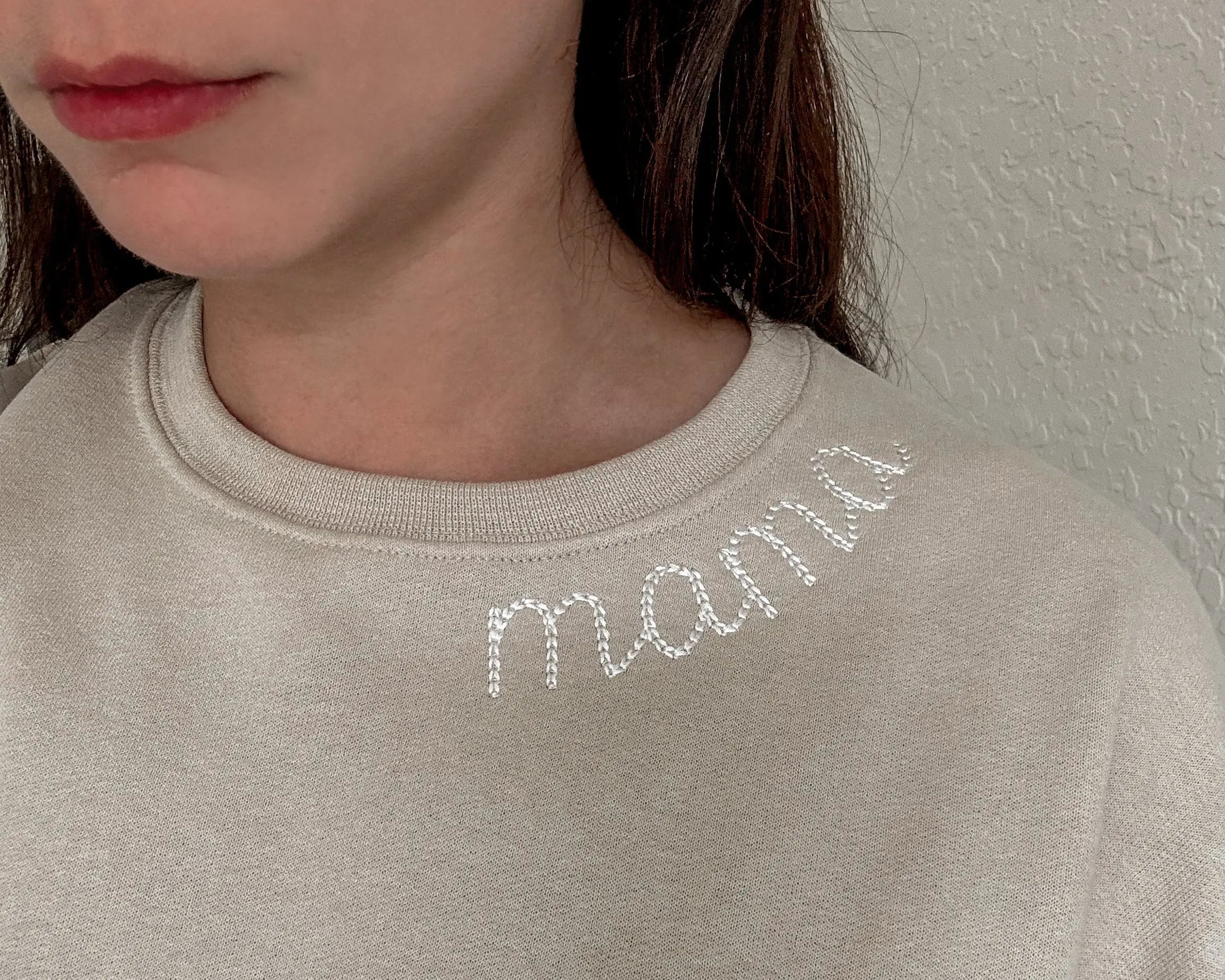 Custom Mommy And Mini Outfits | Neutral Sweatshirts With Neckline Embroidery