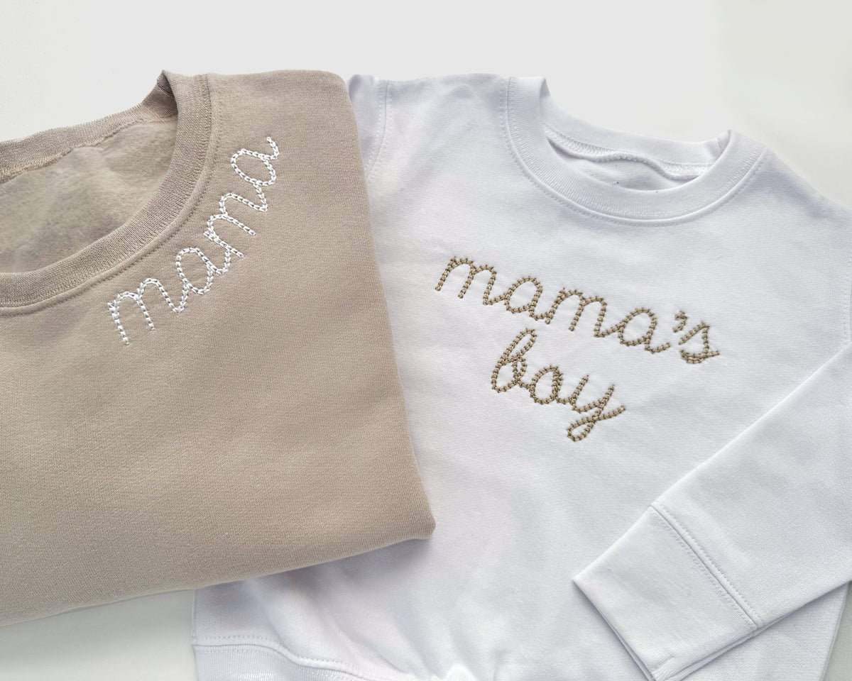 Custom Mommy And Mini Outfits | Neutral Sweatshirts With Neckline Embroidery