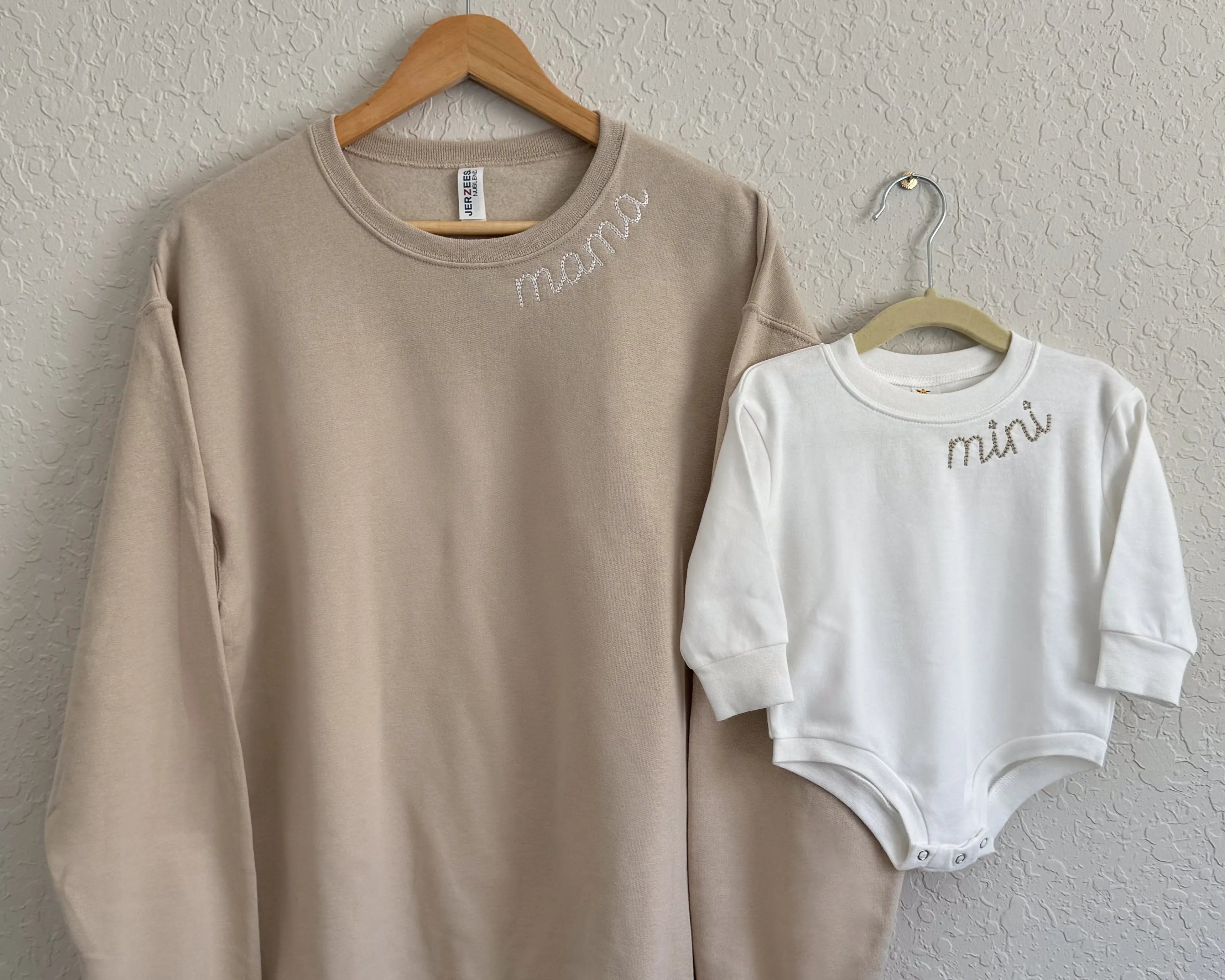 Custom Mommy And Mini Outfits | Neutral Sweatshirts With Neckline Embroidery