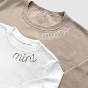 Custom Mommy And Mini Outfits | Neutral Sweatshirts With Neckline Embroidery
