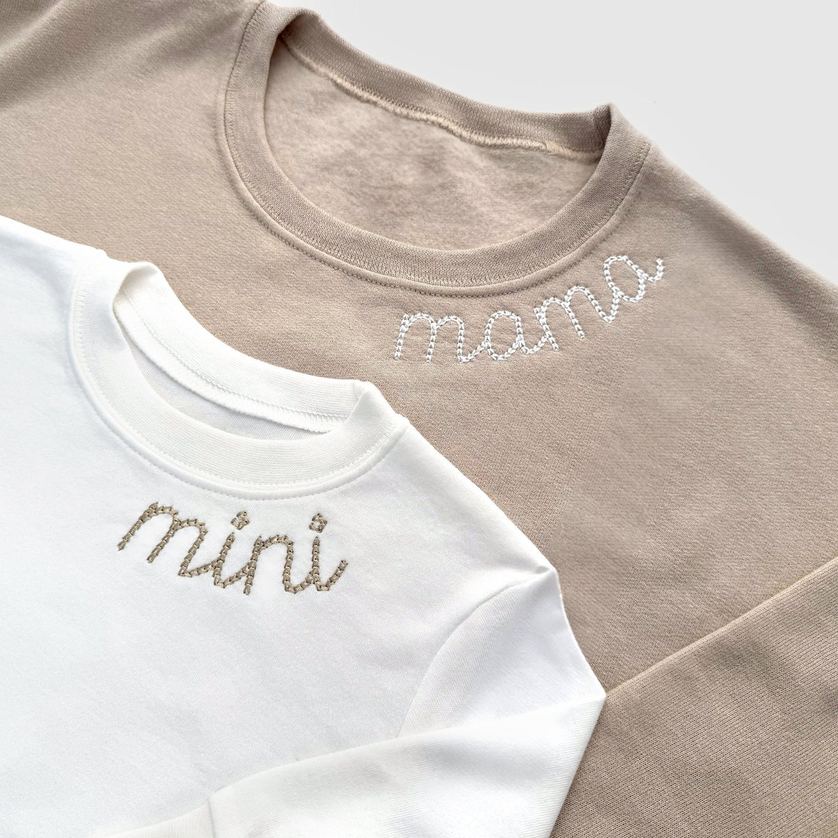 Custom Mommy And Mini Outfits | Neutral Sweatshirts With Neckline Embroidery
