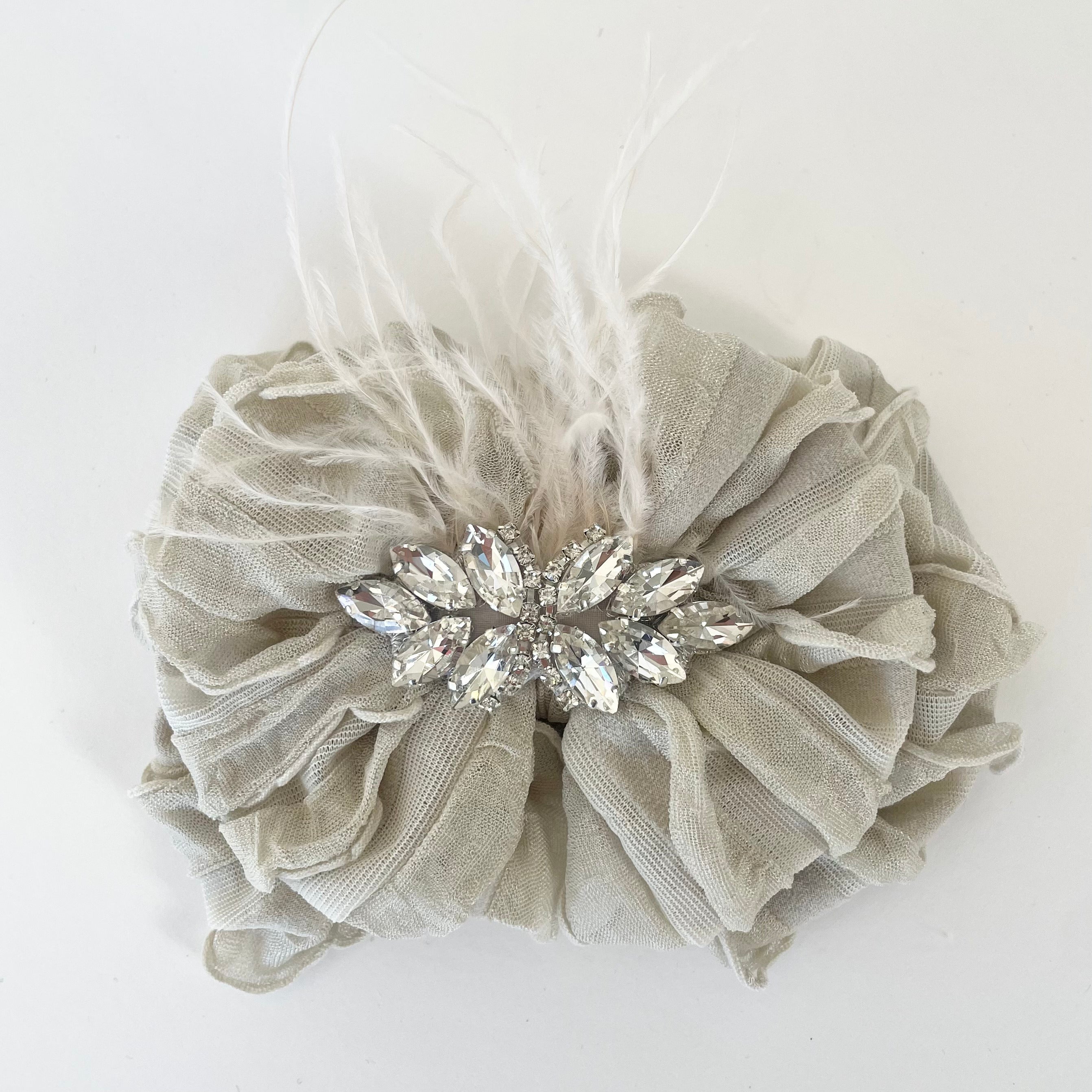 Fancy Feather & Rhinestone Ruffled Baby Headband