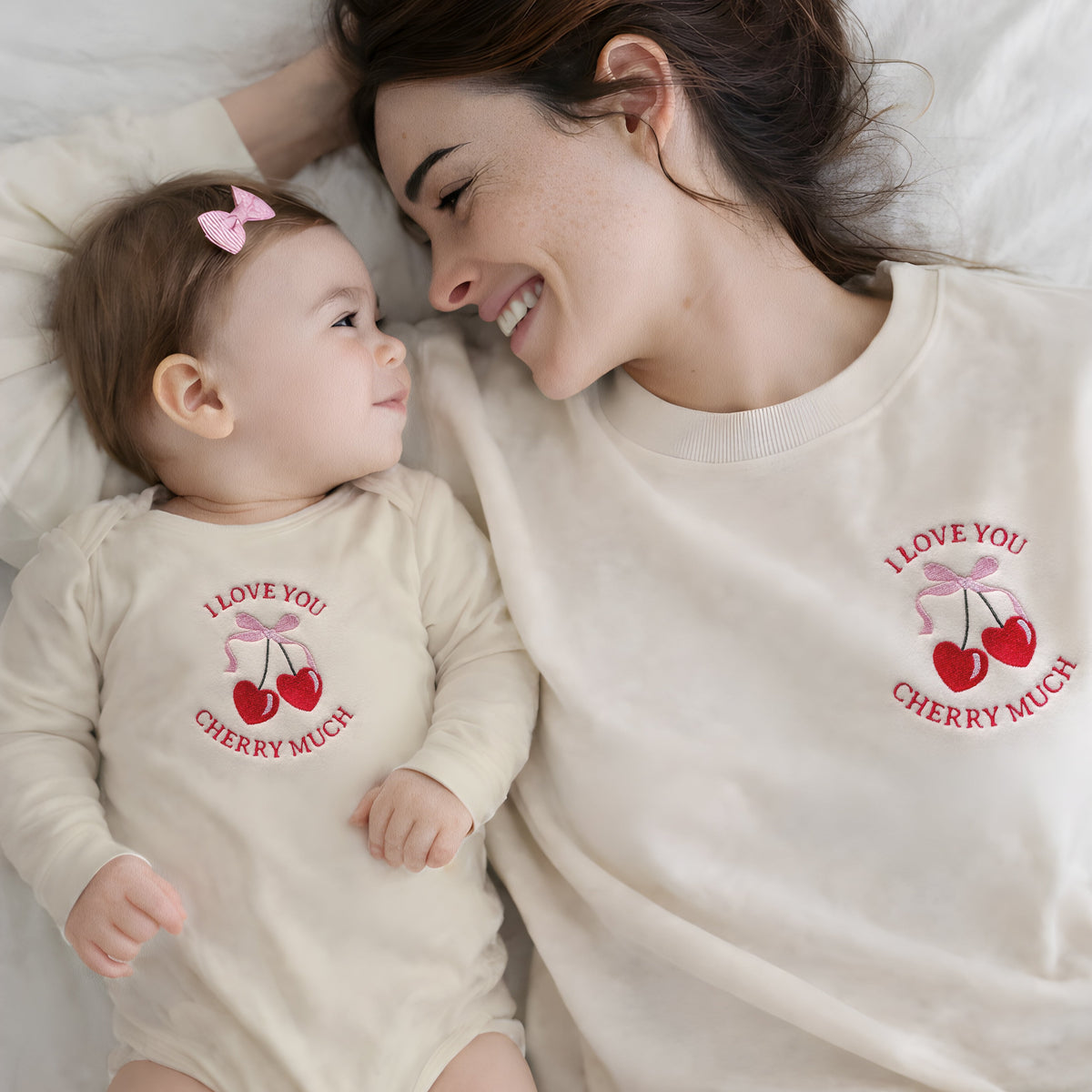 "i Love You Cherry Much" Embroidered Matching Sweatshirts And Baby Outfits