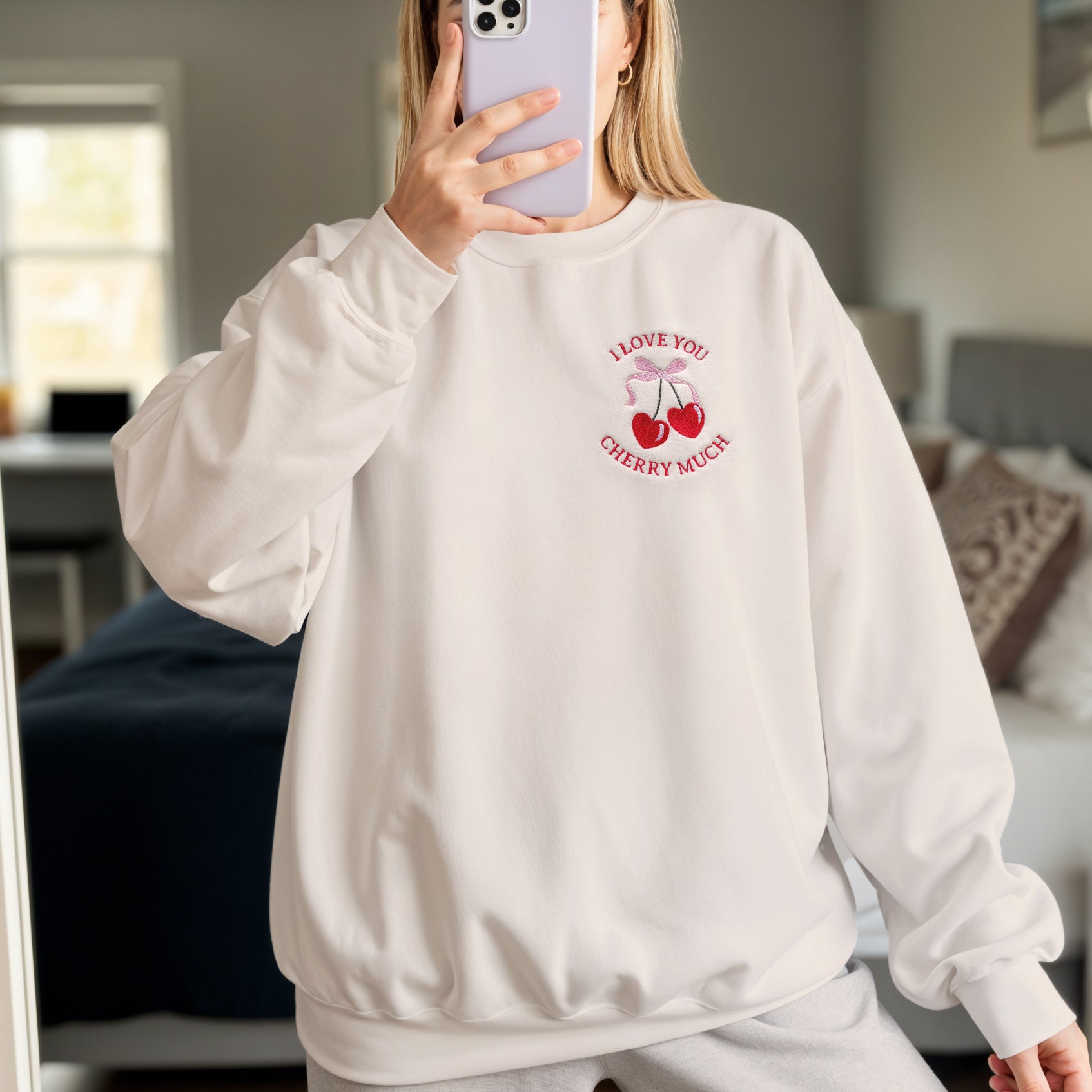 "i Love You Cherry Much" Embroidered Matching Sweatshirts And Baby Outfits