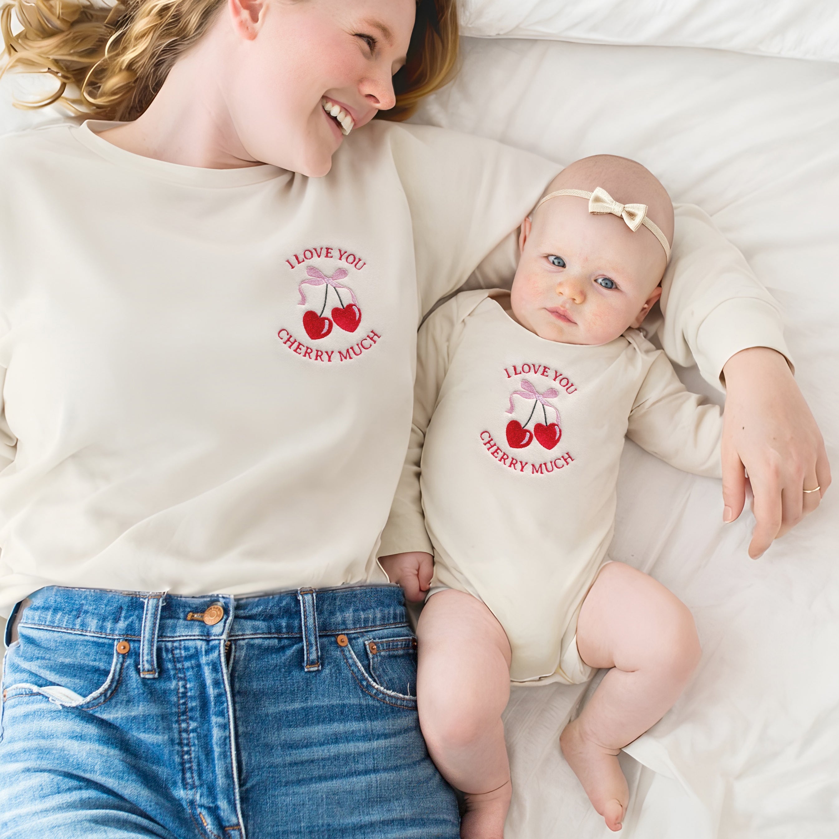 "i Love You Cherry Much" Embroidered Matching Sweatshirts And Baby Outfits