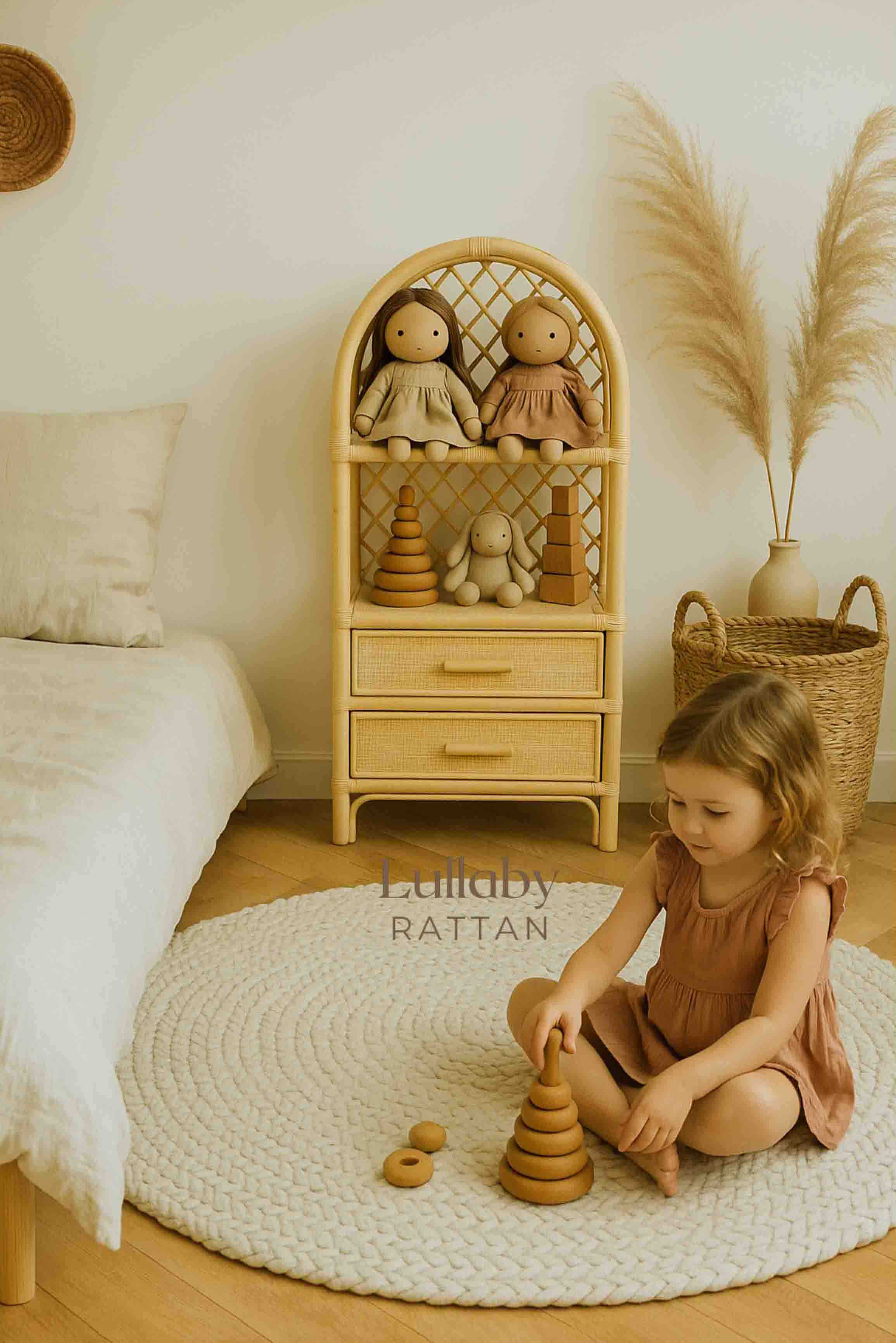 Boho Rattan Kids Bookshelf & Toy Storage | Montessori Doll Shelf – Eco-friendly Nursery & Playroom Furniture