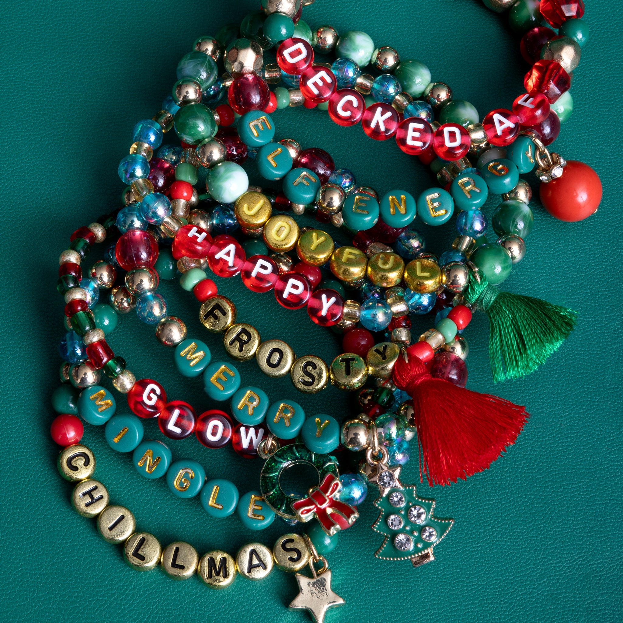 Metallic Gold, Green, And Red Holiday Alphabet Diy Bead Box