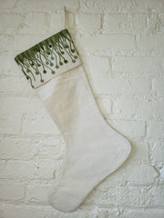 Christmas Stocking Flora Embroidered Cuff - Green And Cream- Linen