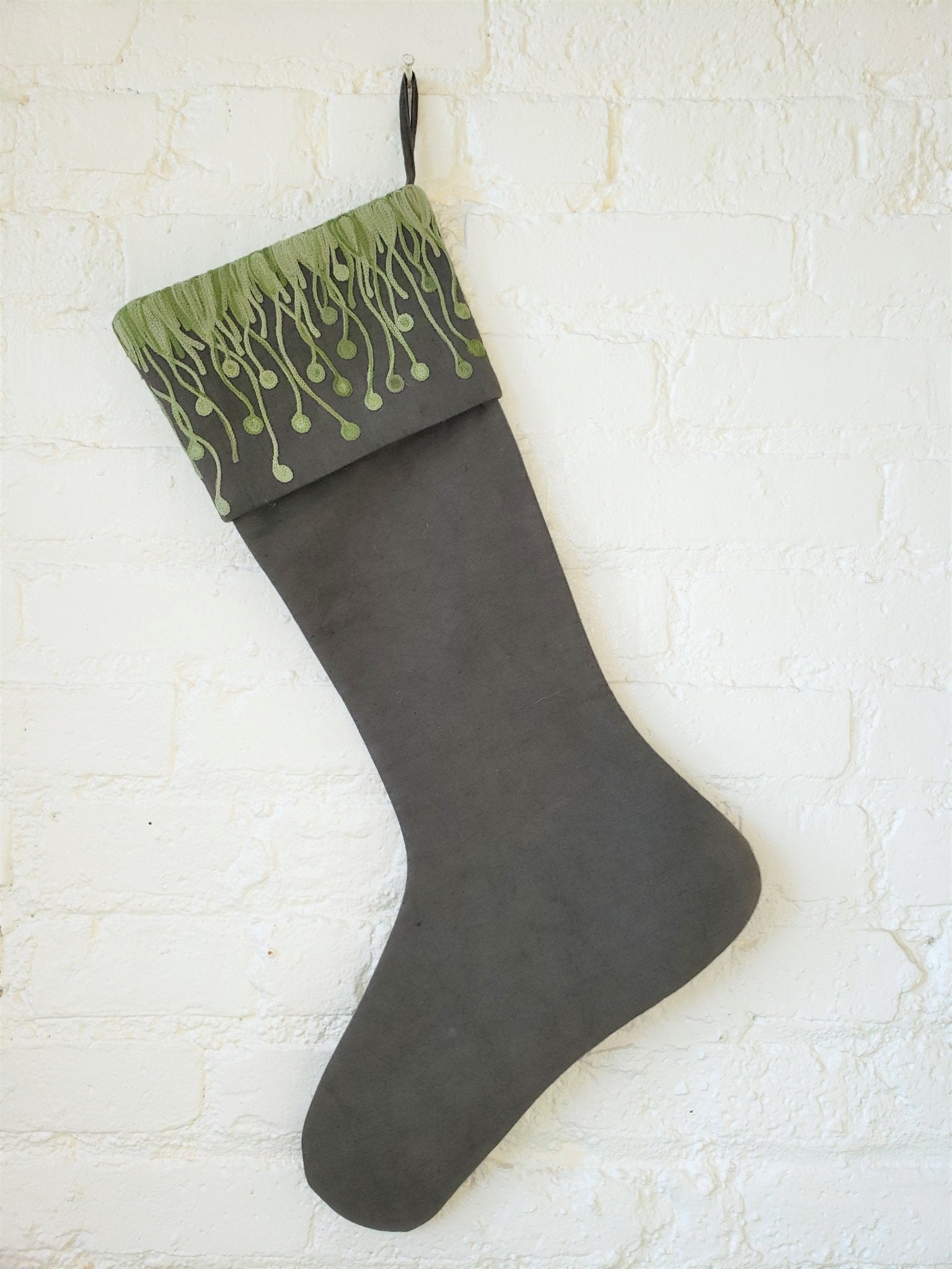 Christmas Stocking Flora Embroidered Cuff - Green And Grey- Linen