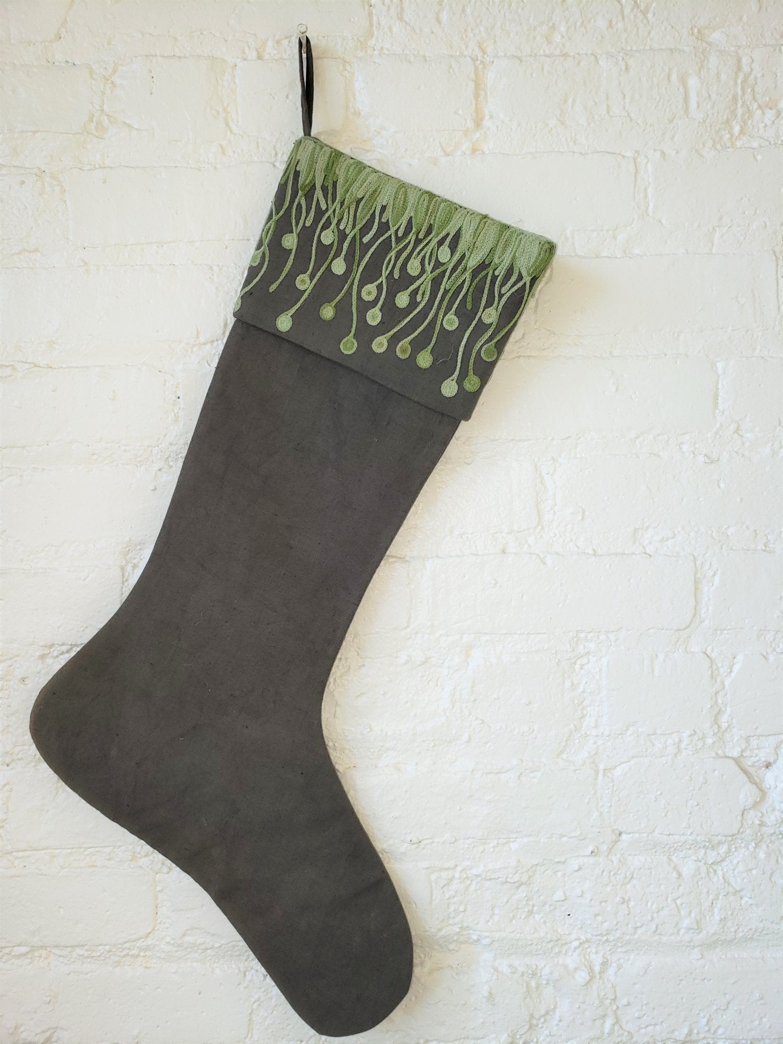Christmas Stocking Flora Embroidered Cuff - Green And Grey- Linen
