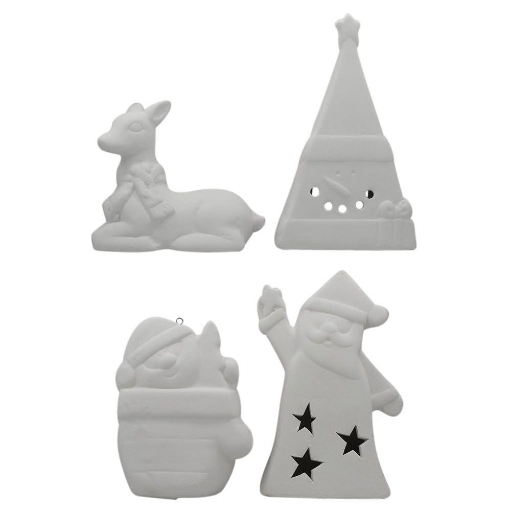 Christmas Diy Craft Kit: 4 White Blank Unfinished Figurines For Painting Your Own Decorations