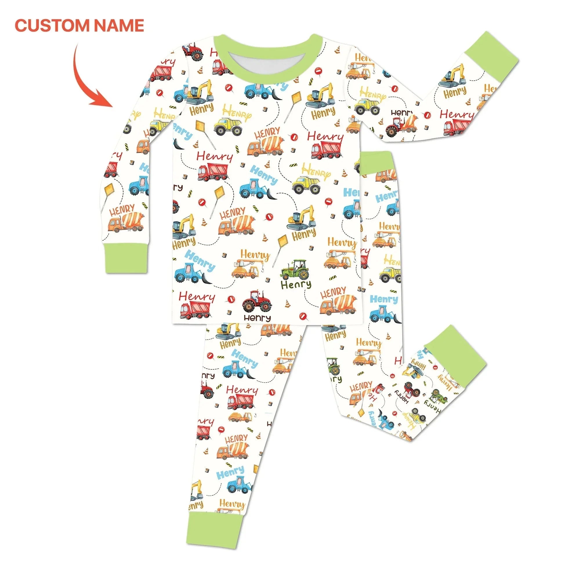 Construction Vehicles Custom Name Bamboo Two Piece Long Sleeve Pajama Set