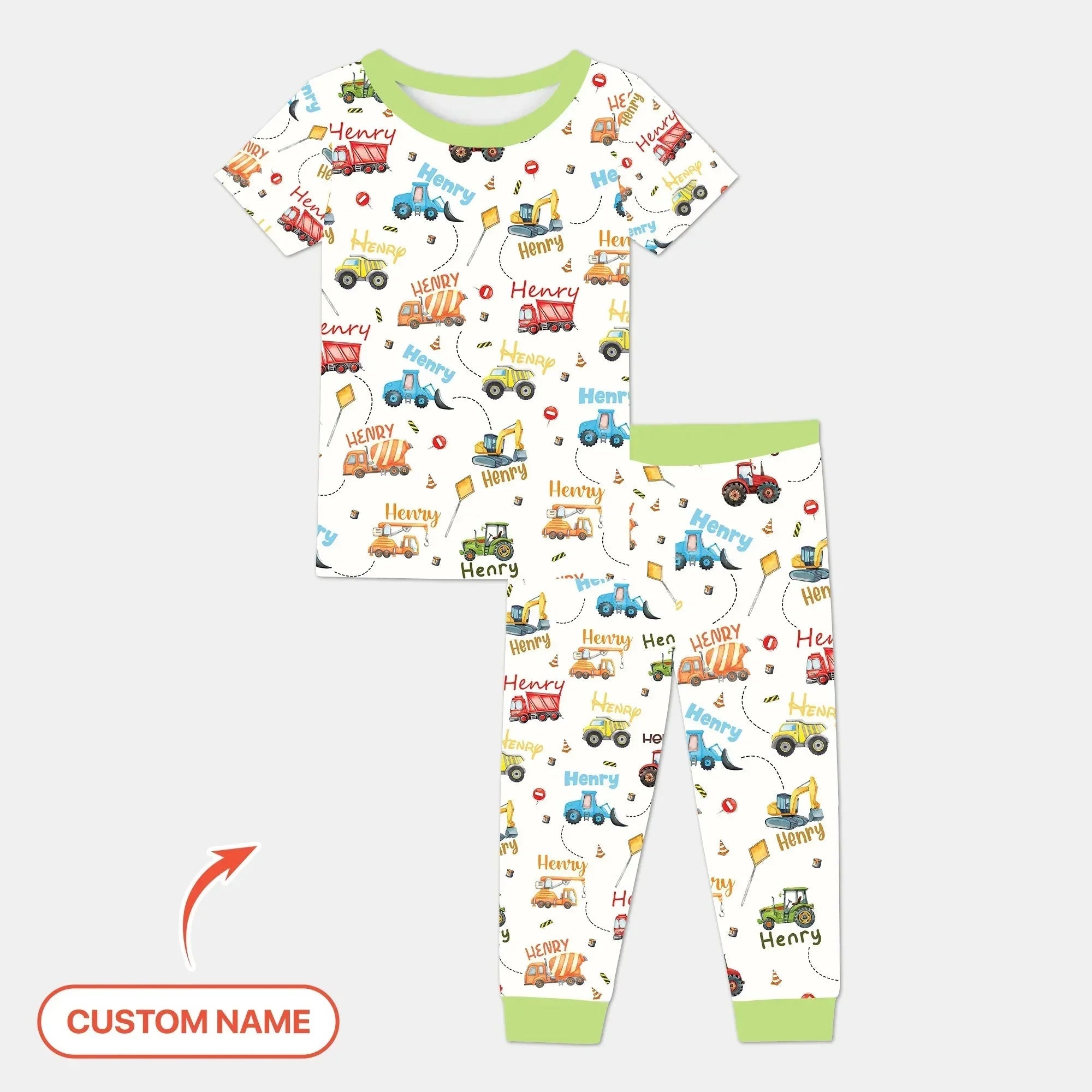 Construction Vehicles Custom Name Bamboo Two Piece Short Sleeve Pajama Set