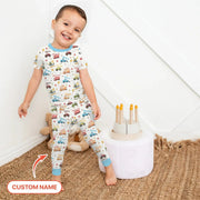 Construction Vehicles Custom Name Bamboo Two Piece Short Sleeve Pajama Set