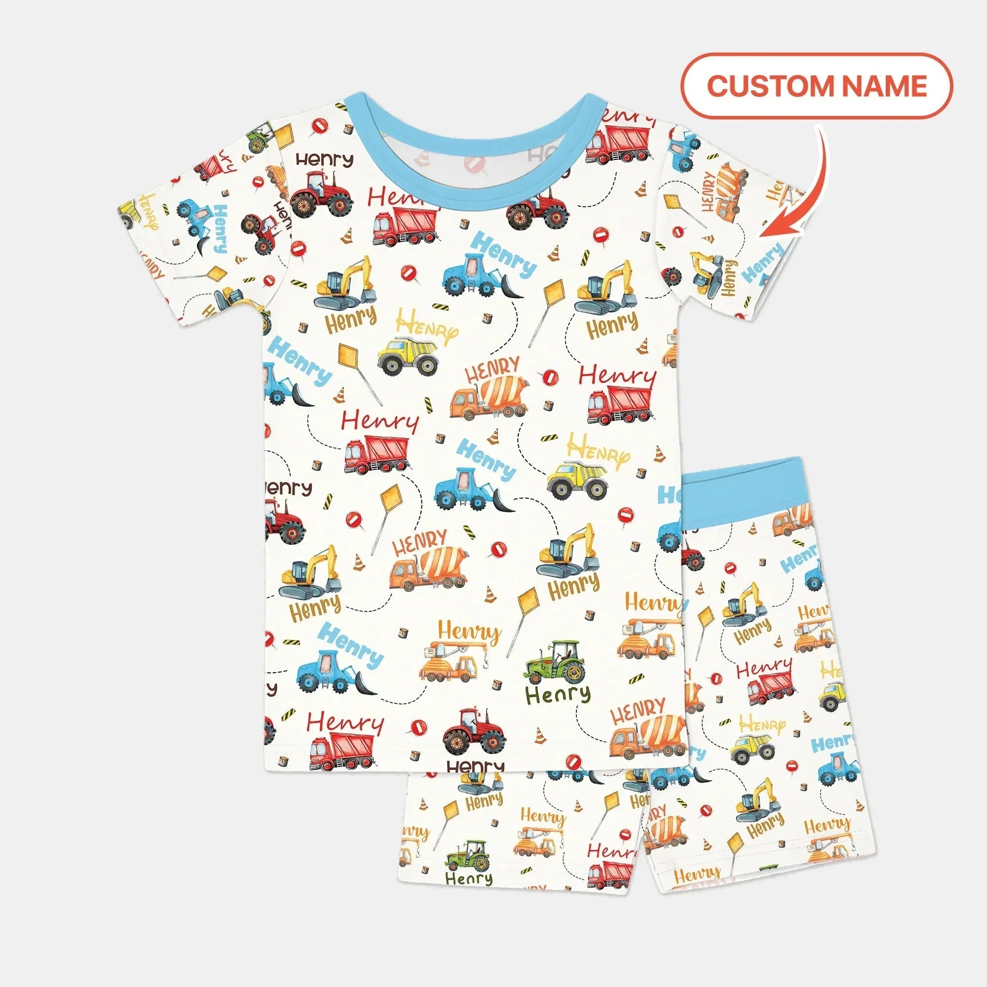 Construction Vehicles Custom Name Bamboo Two Piece Short Sleeve Shorts Pajama Set