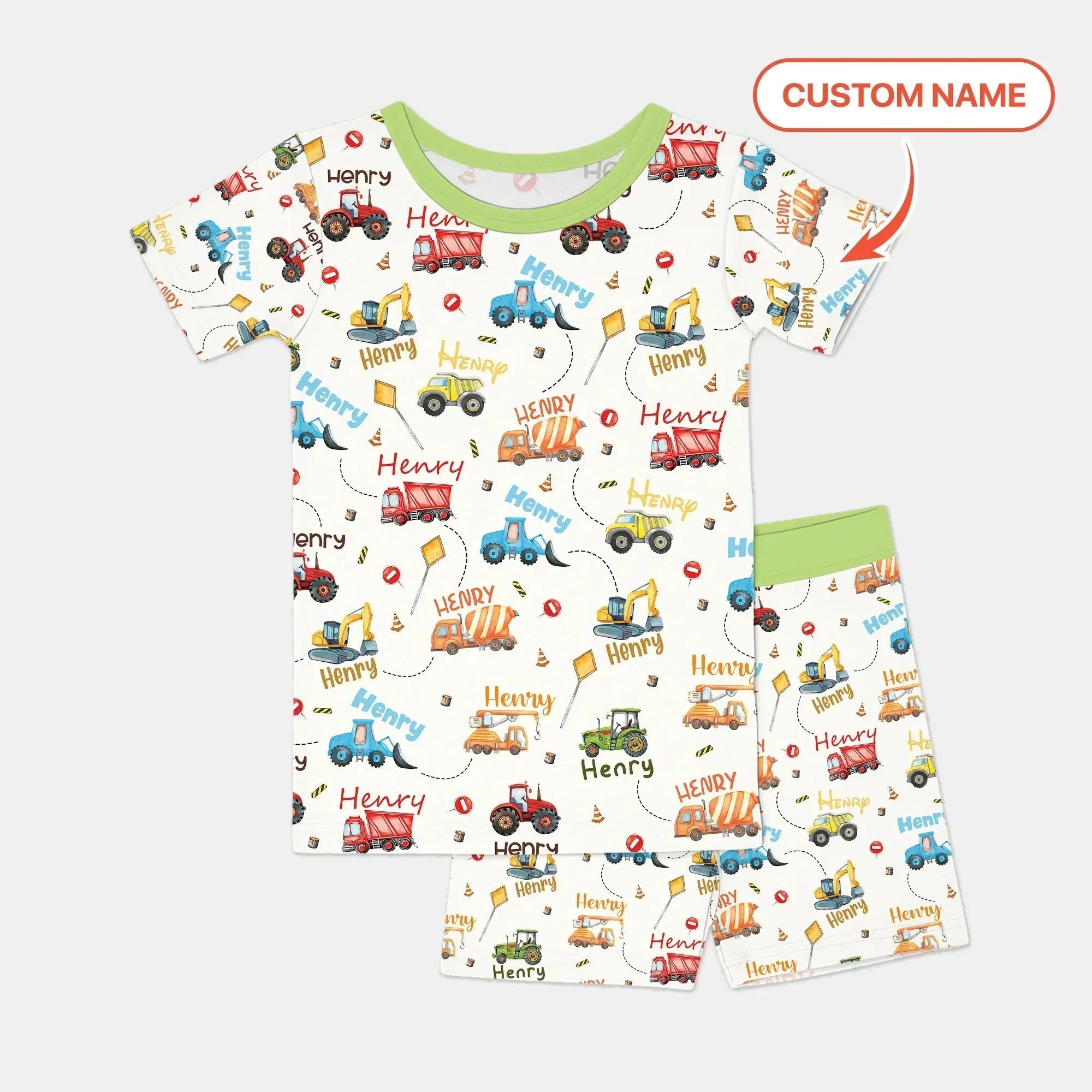 Construction Vehicles Custom Name Bamboo Two Piece Short Sleeve Shorts Pajama Set