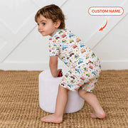 Construction Vehicles Custom Name Bamboo Two Piece Short Sleeve Shorts Pajama Set