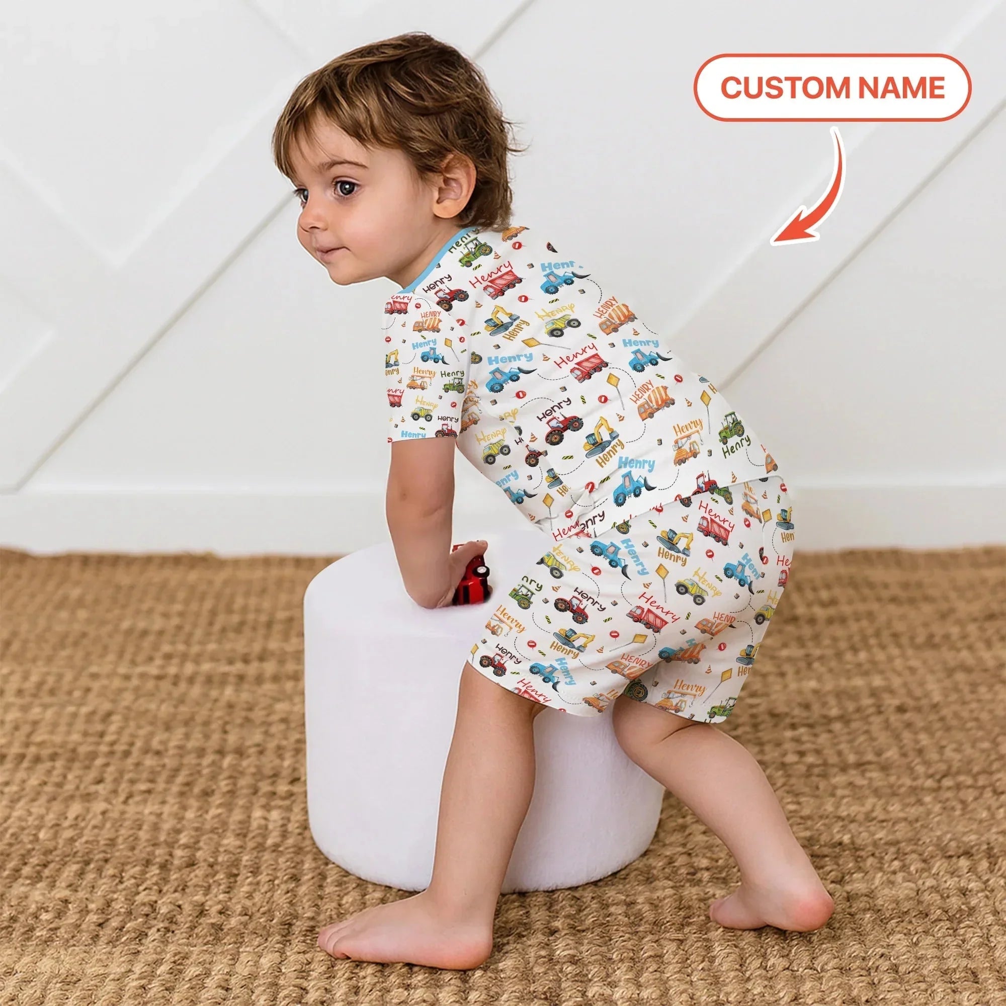 Construction Vehicles Custom Name Bamboo Two Piece Short Sleeve Shorts Pajama Set