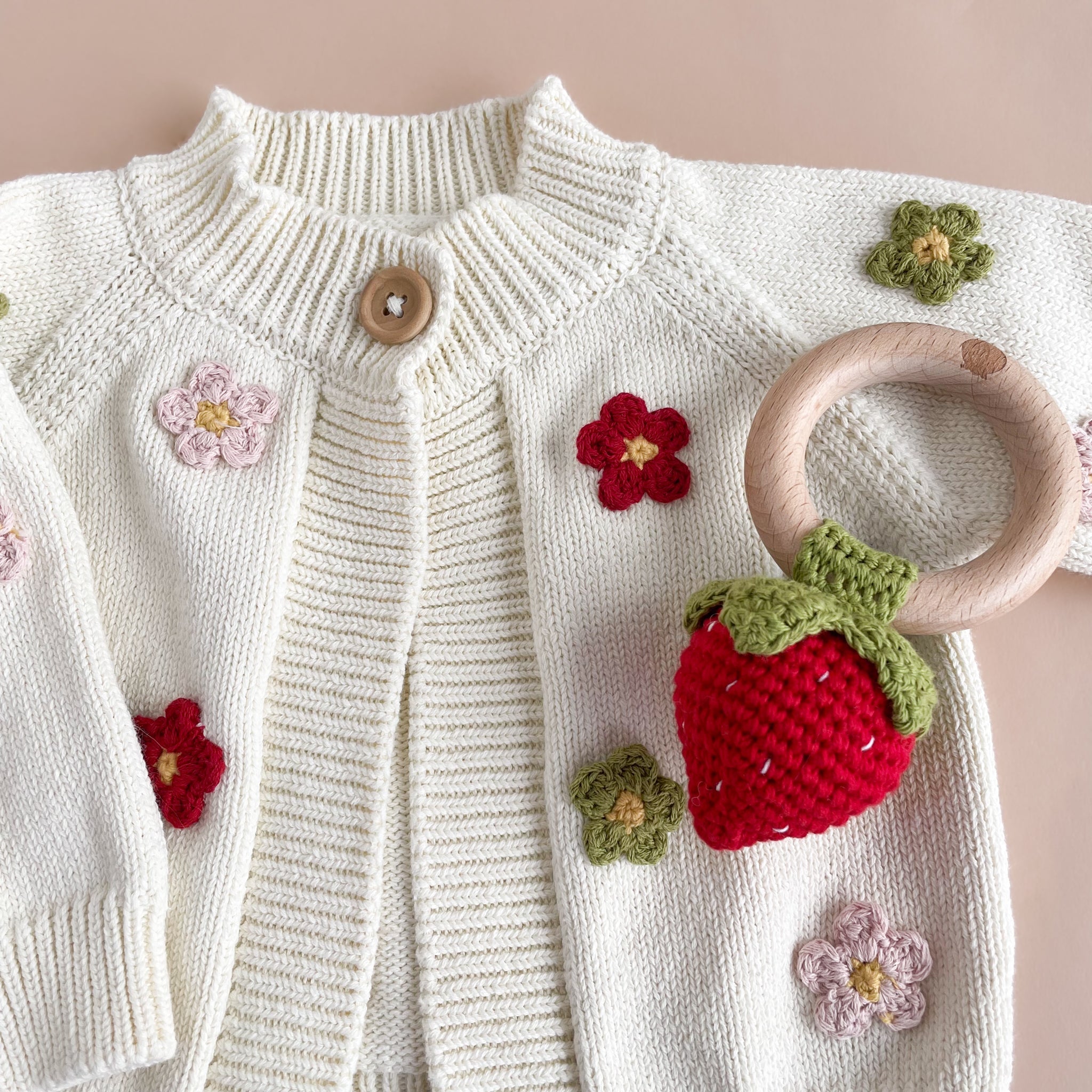 Cotton Crochet Rattle Teether Strawberry, Red