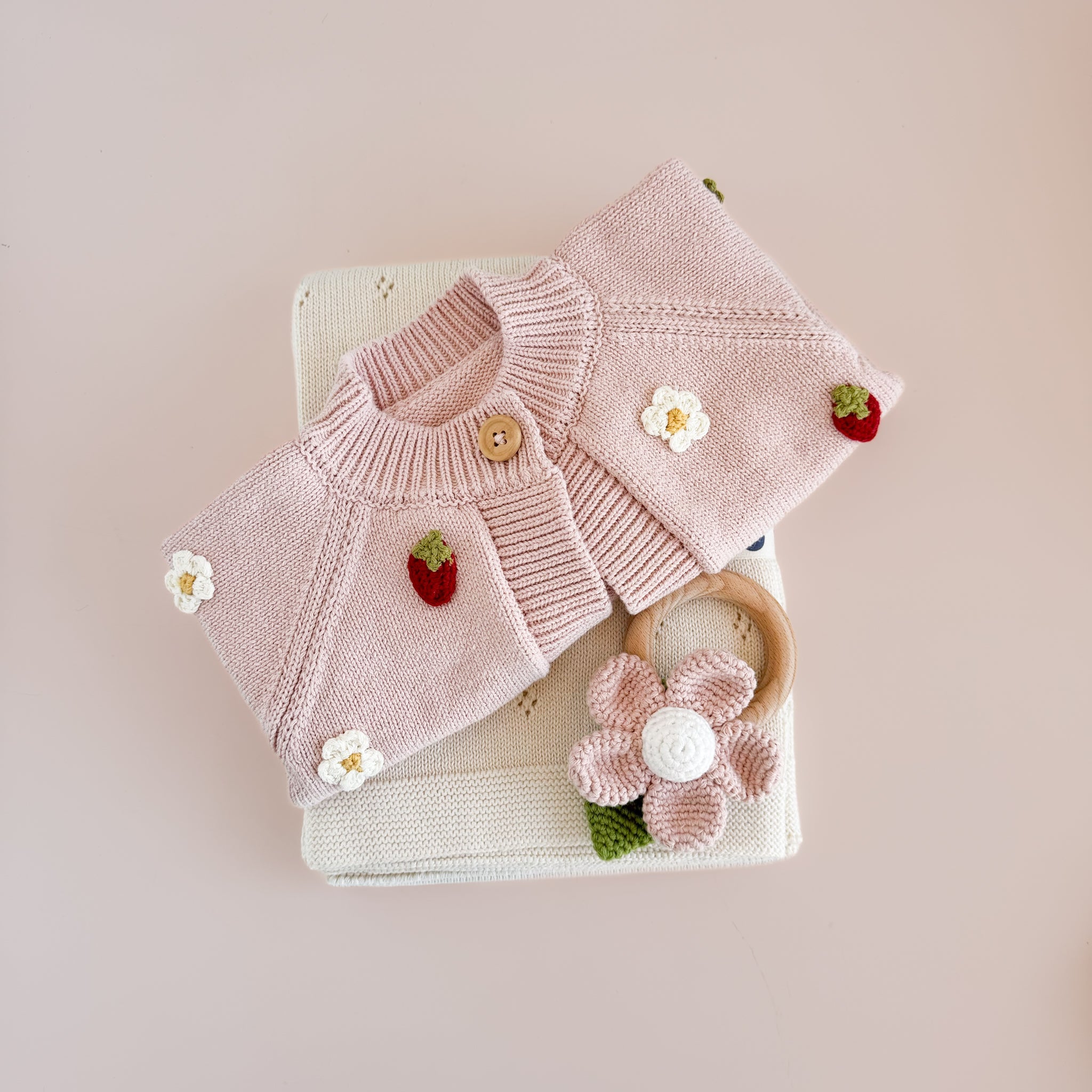 Cotton Crochet Rattle Teether Flower, Blush