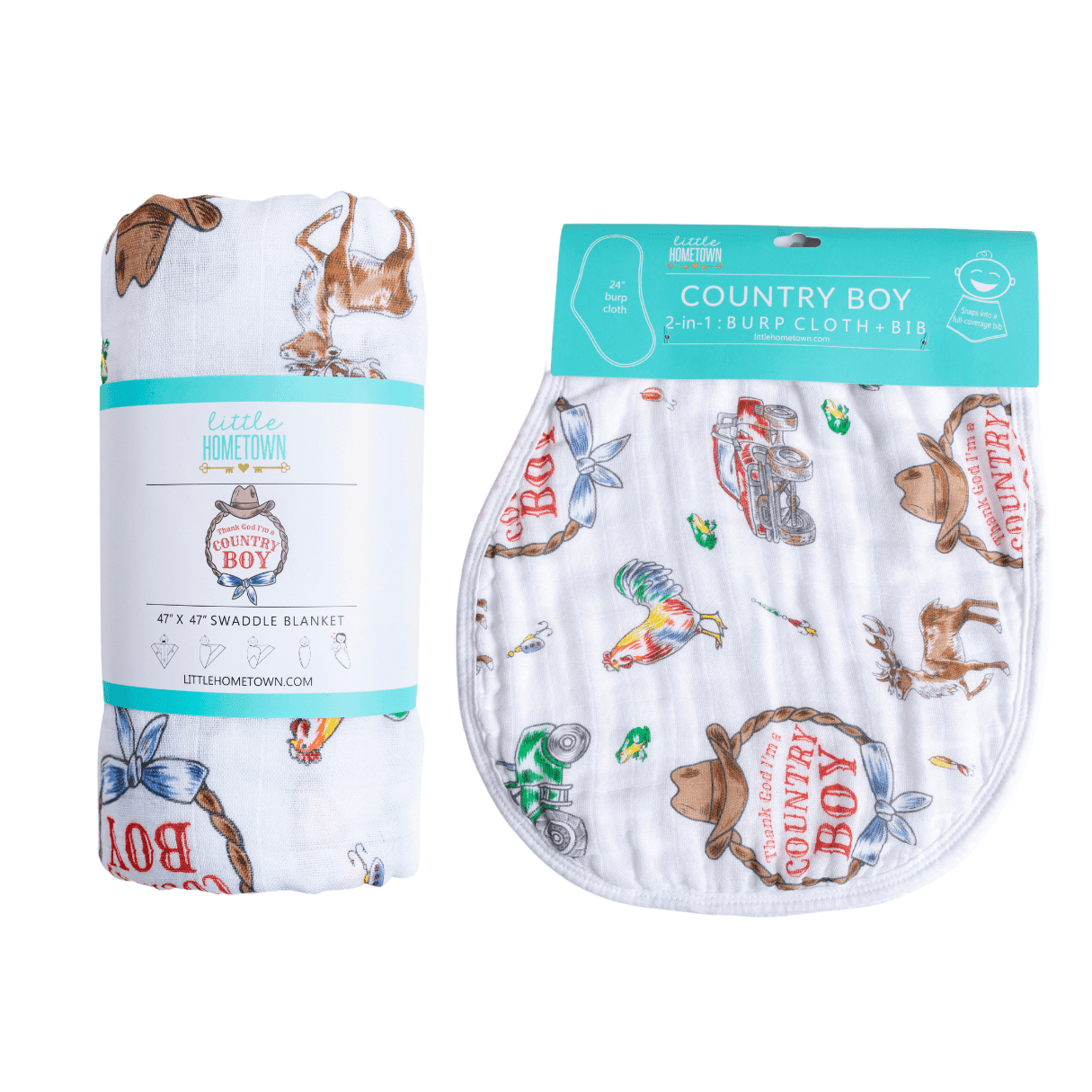 Country Boy Baby Giftset:  Baby Swaddle Blanket And Burp/bib Combo