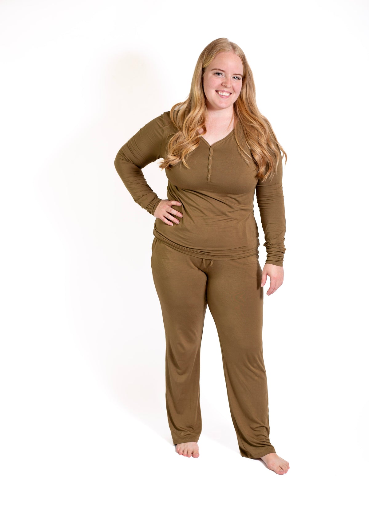 Women's Solid Long Sleeve Button Pajamas:2 Piece Bamboo Olive