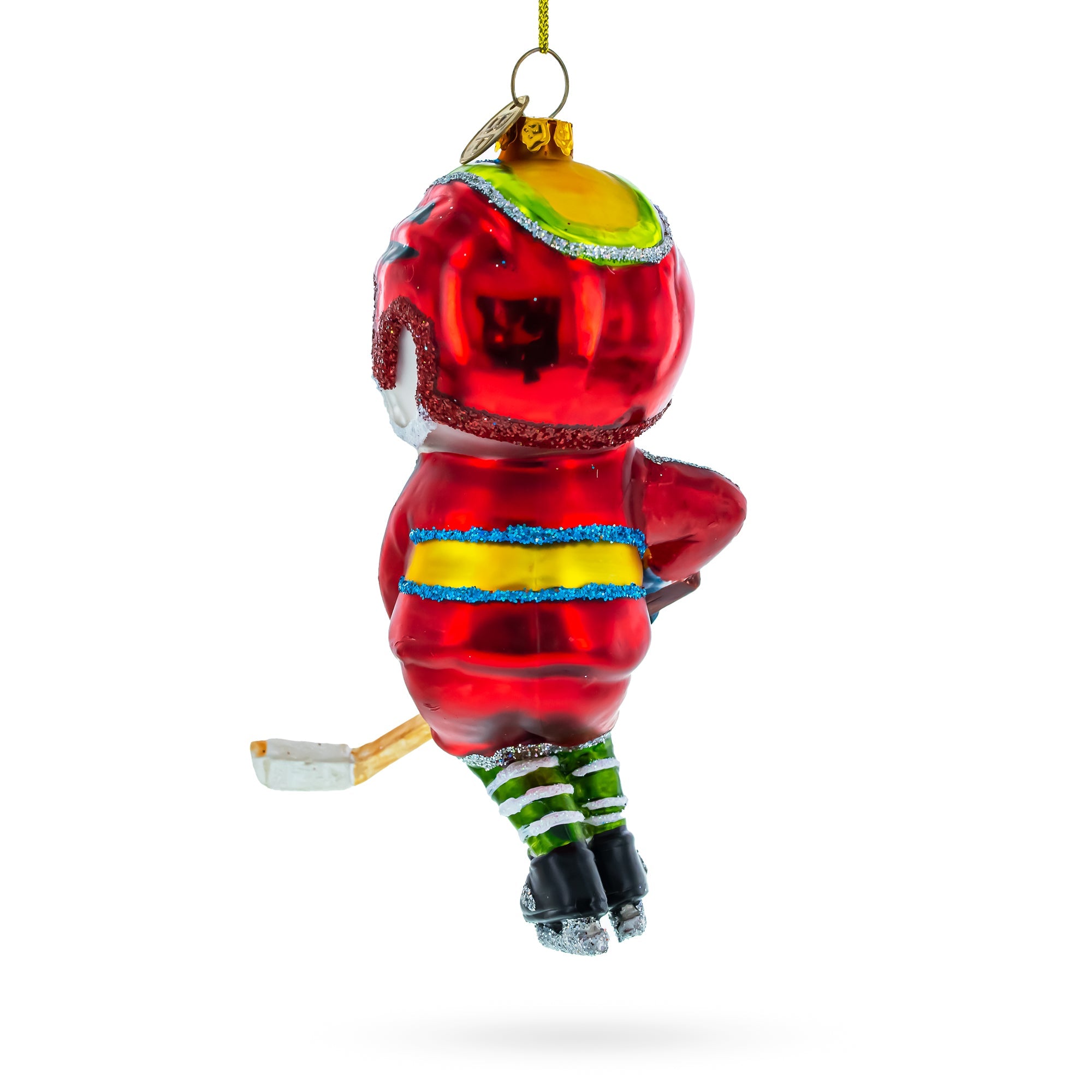 Energetic Snowman Playing Hockey - Blown Glass Christmas Ornament