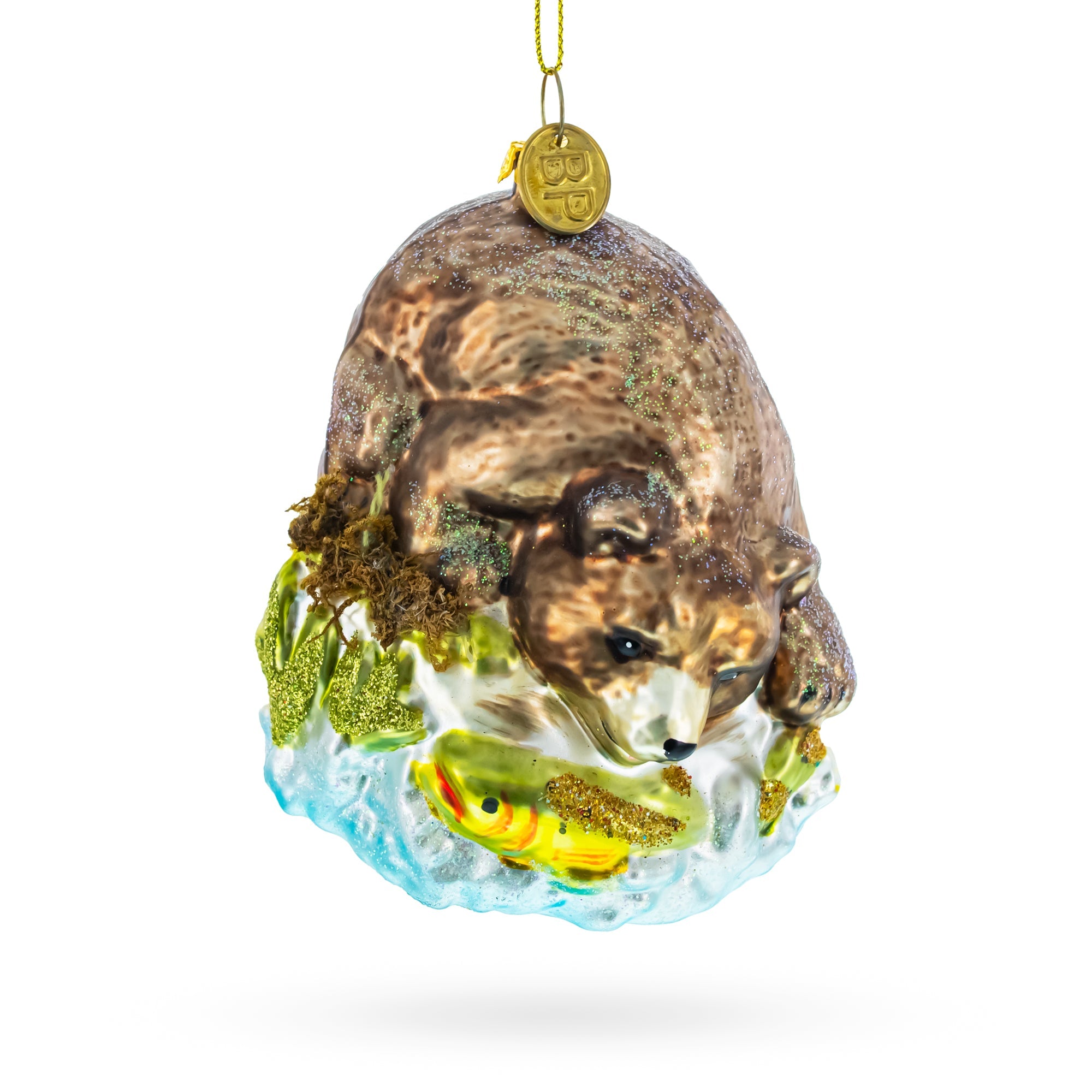 Wild Bear Catching Salmon - Blown Glass Christmas Ornament