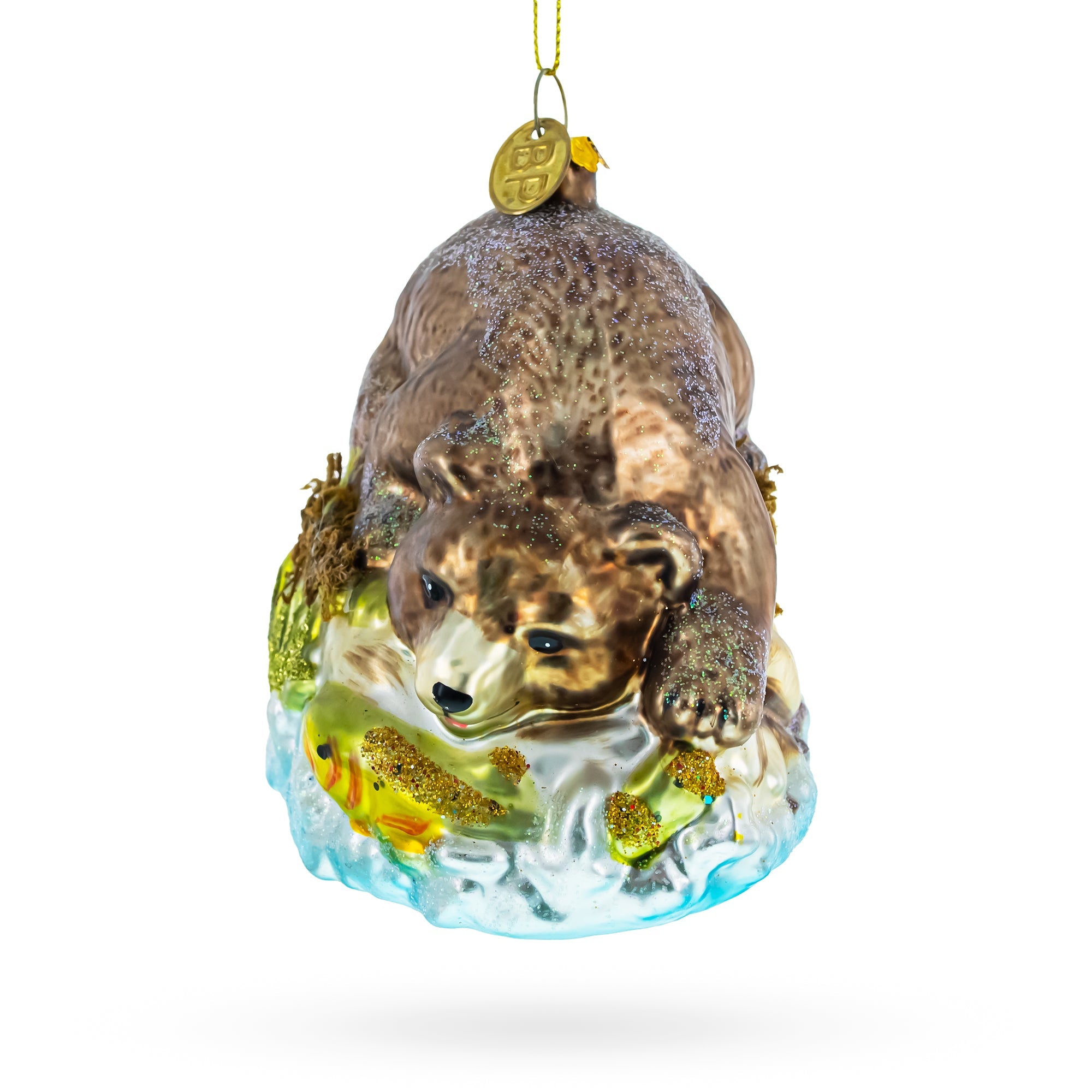 Wild Bear Catching Salmon - Blown Glass Christmas Ornament