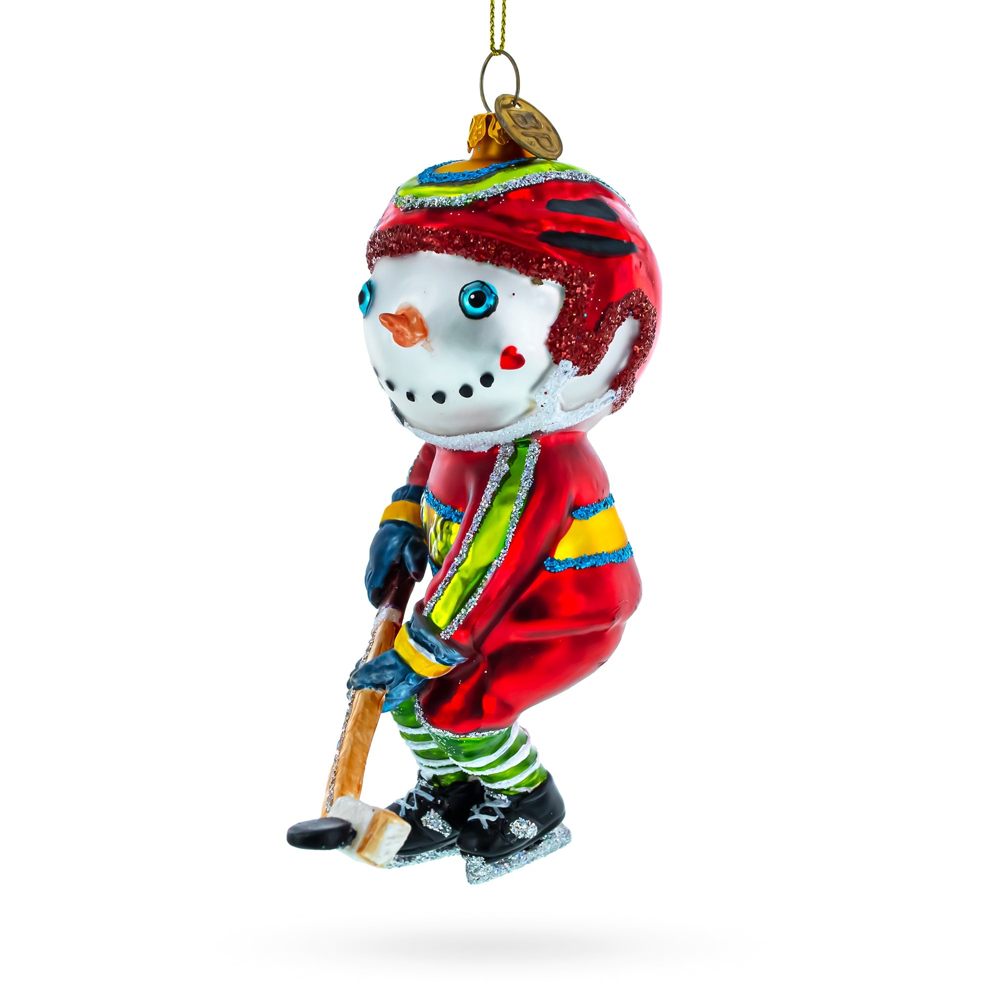 Energetic Snowman Playing Hockey - Blown Glass Christmas Ornament