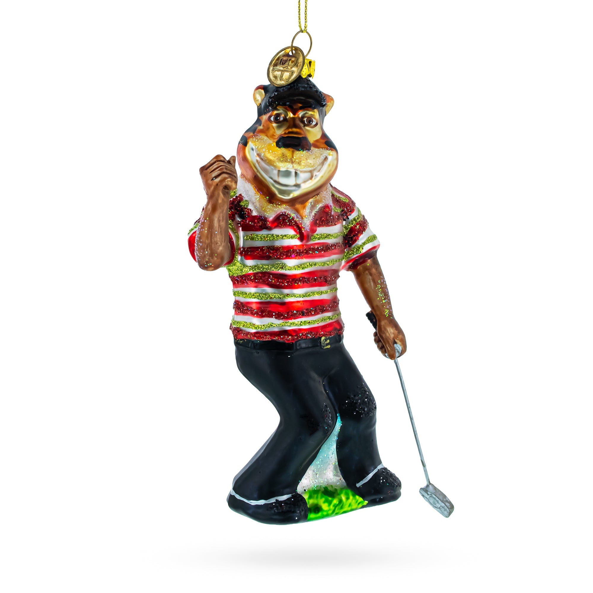 Sporty Tiger Engaged In Golf - Blown Glass Christmas Ornament