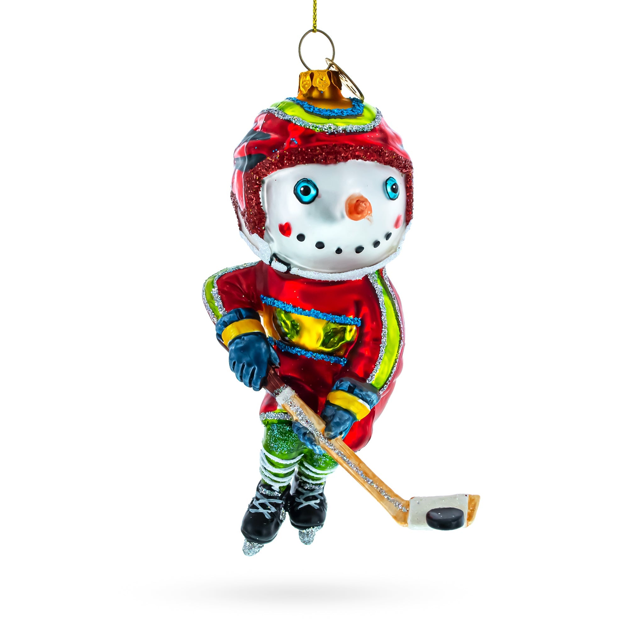 Energetic Snowman Playing Hockey - Blown Glass Christmas Ornament