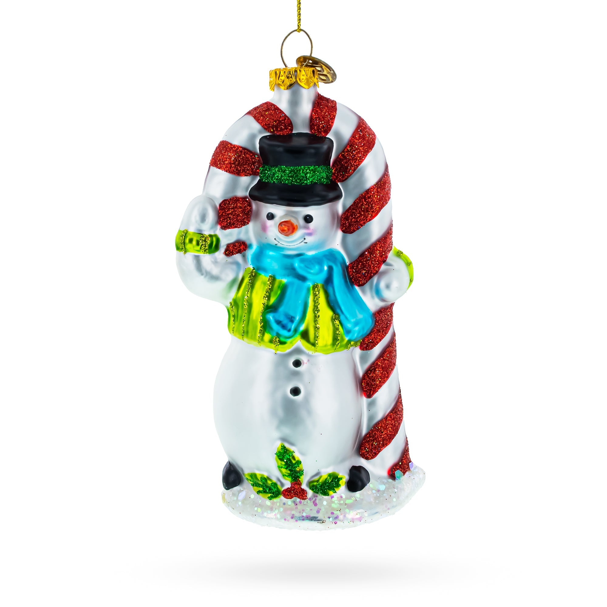 Snowman With The Mint Candy Cane - Festive Blown Glass Christmas Ornament