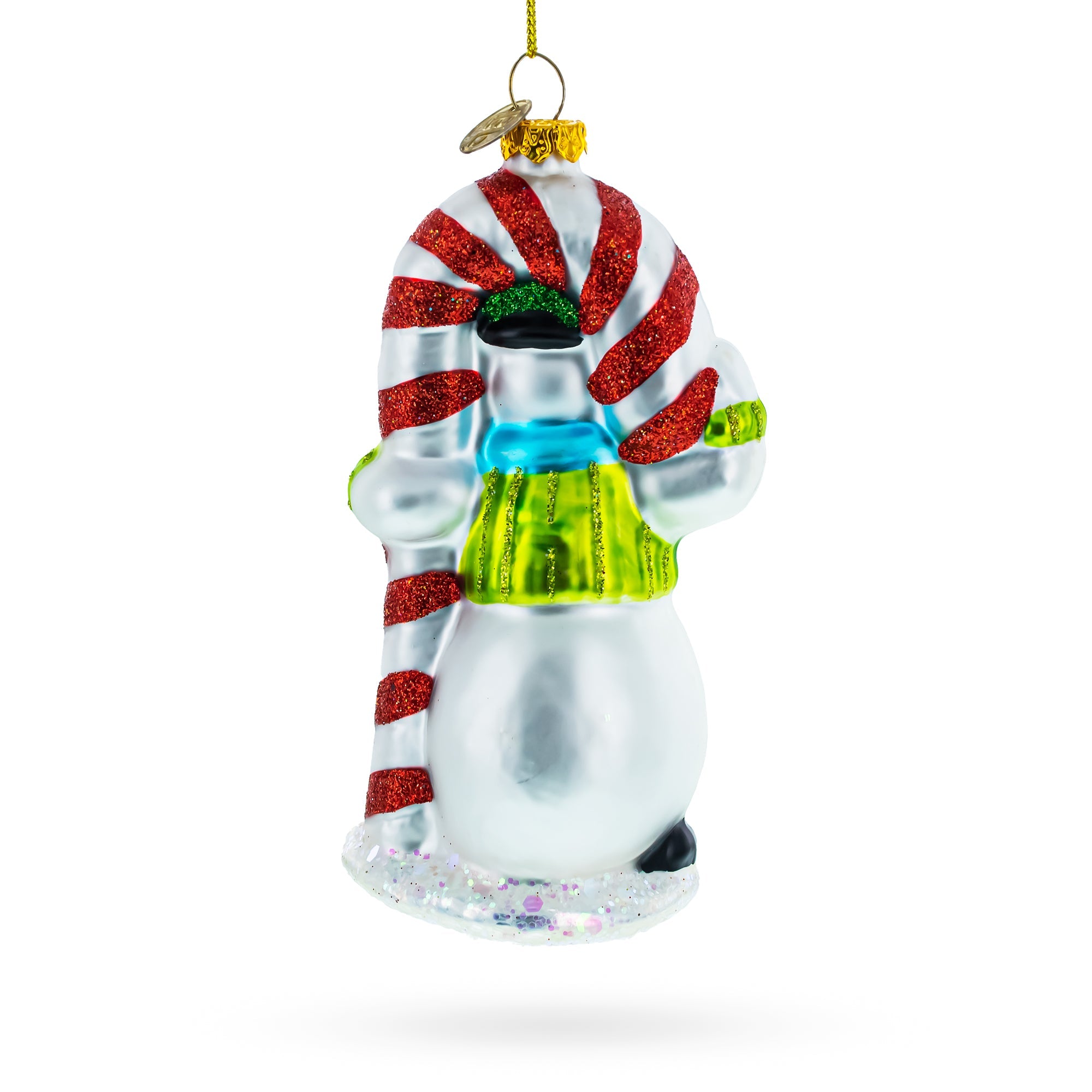 Snowman With The Mint Candy Cane - Festive Blown Glass Christmas Ornament