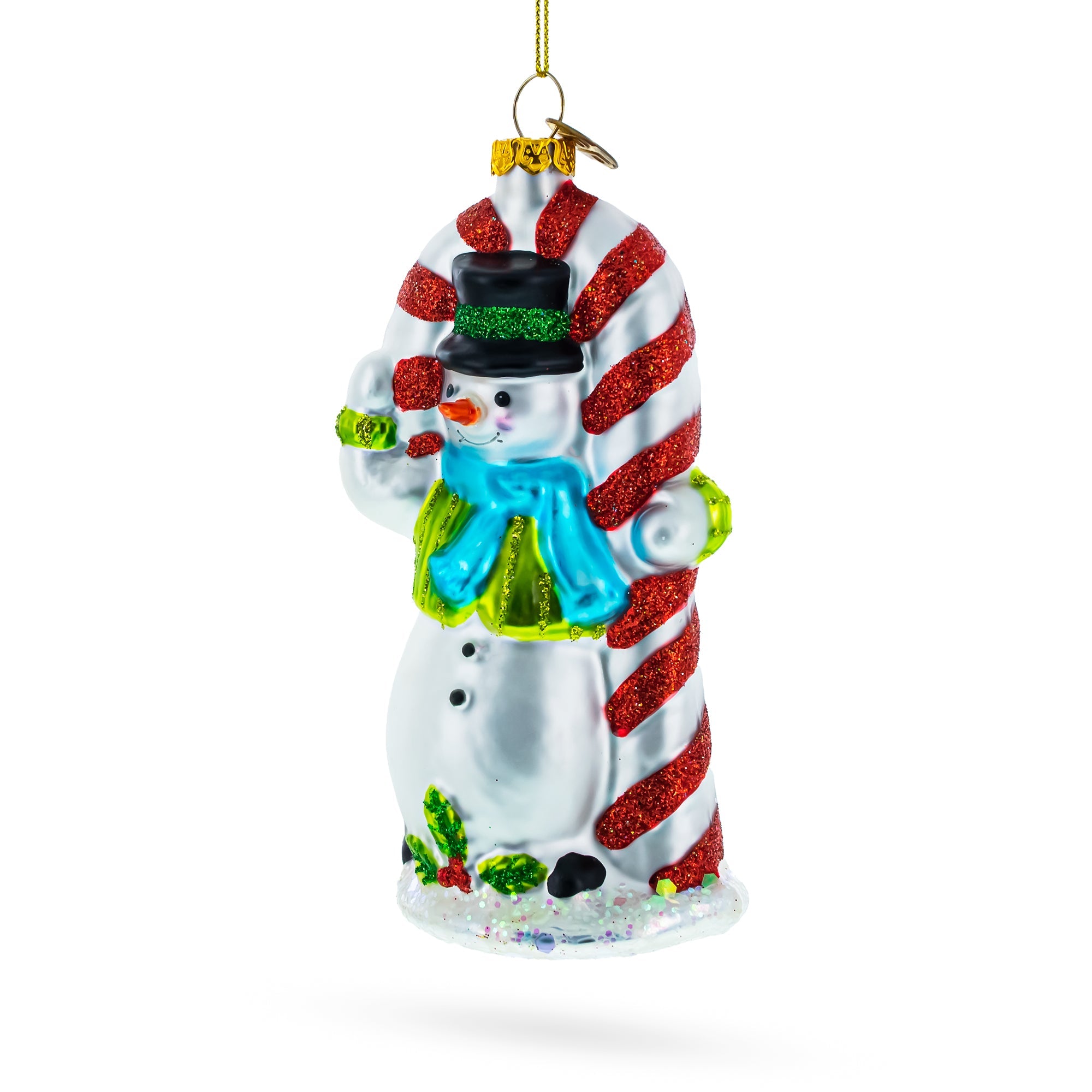 Snowman With The Mint Candy Cane - Festive Blown Glass Christmas Ornament