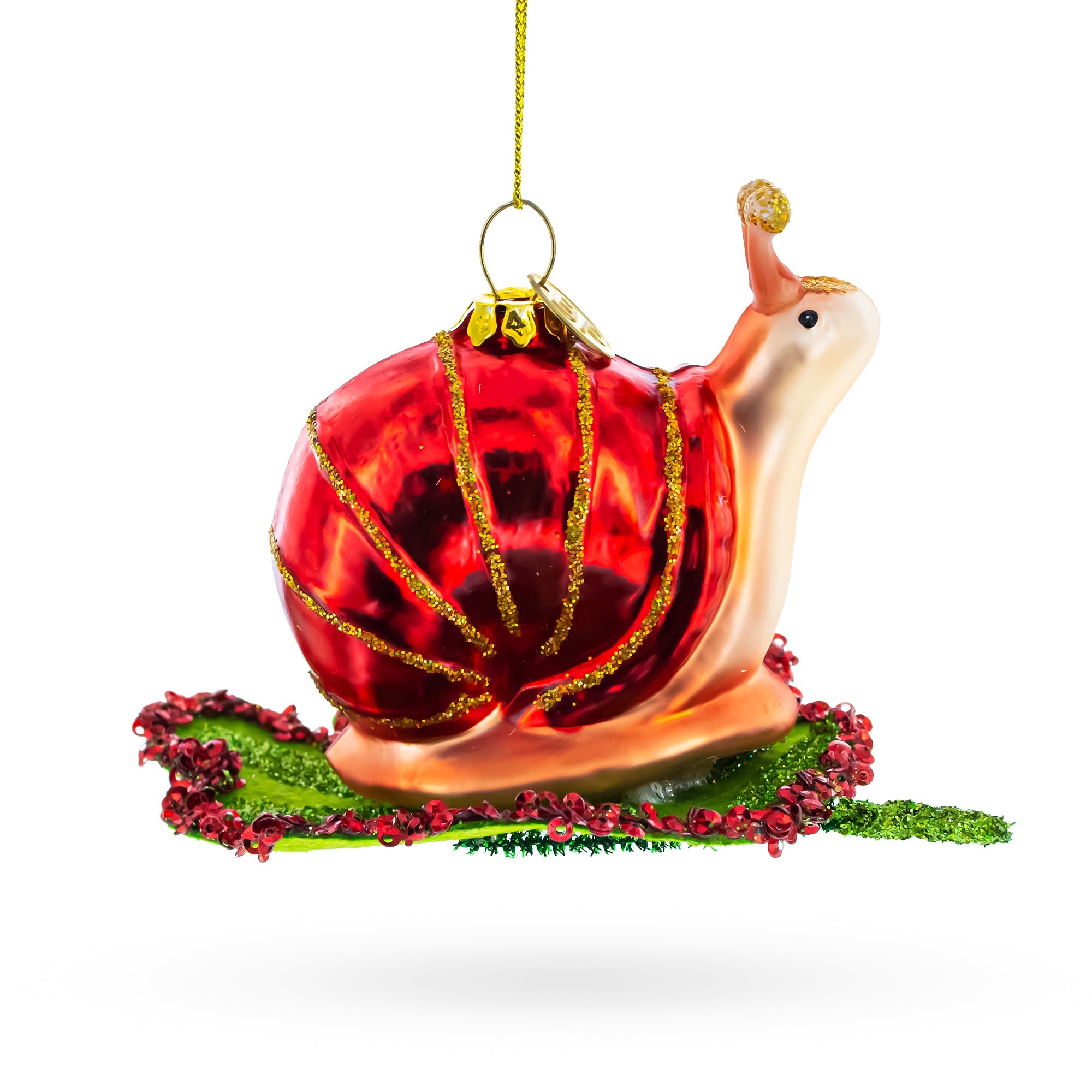 Snail Perched On A Green Leaf - Blown Glass Christmas Ornament