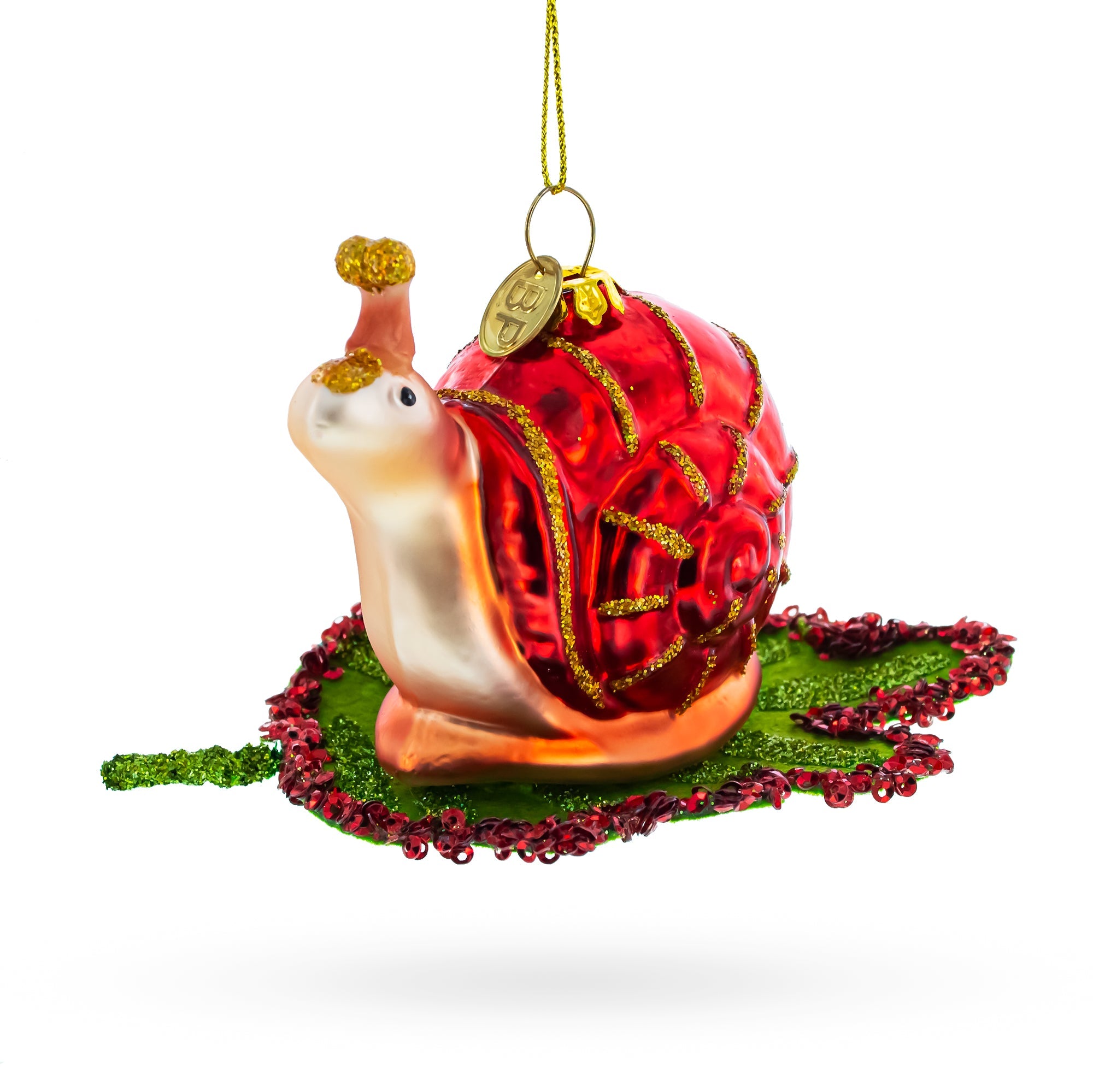 Snail Perched On A Green Leaf - Blown Glass Christmas Ornament