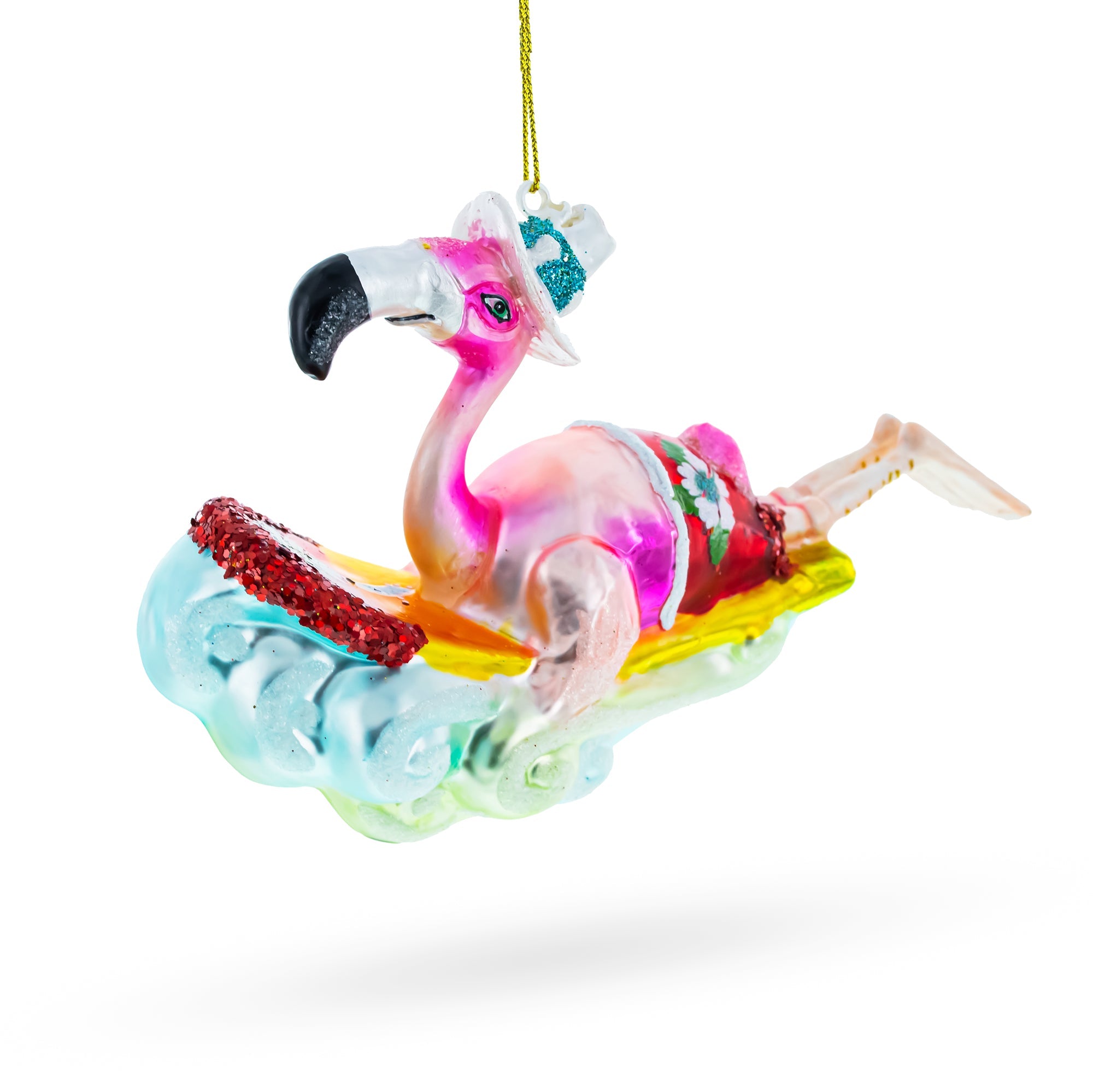 Stylish Pink Flamingo Riding A Surf Wave - Blown Glass Christmas Ornament