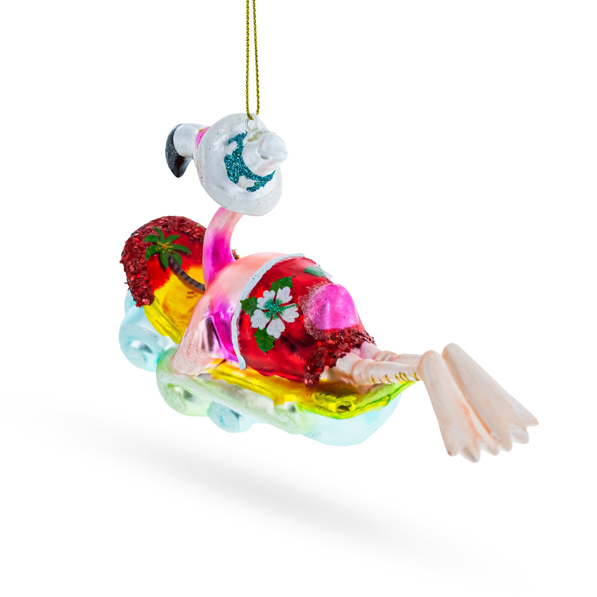 Stylish Pink Flamingo Riding A Surf Wave - Blown Glass Christmas Ornament