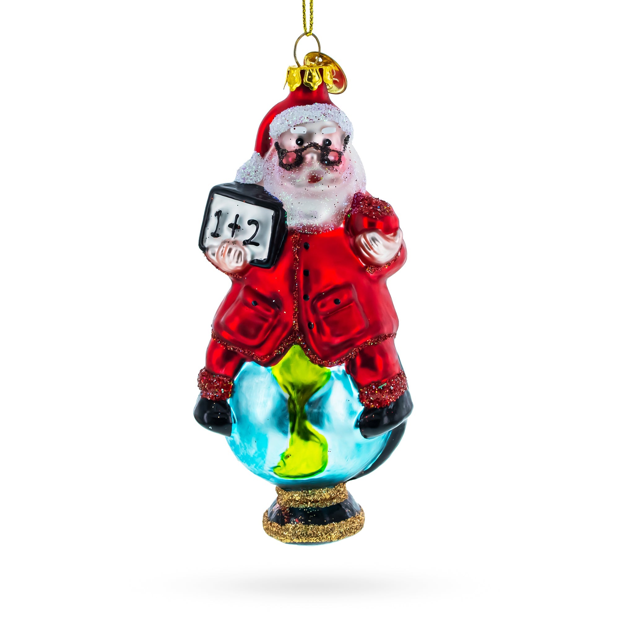 Educational Teacher Santa On World Globe - Blown Glass Christmas Ornament