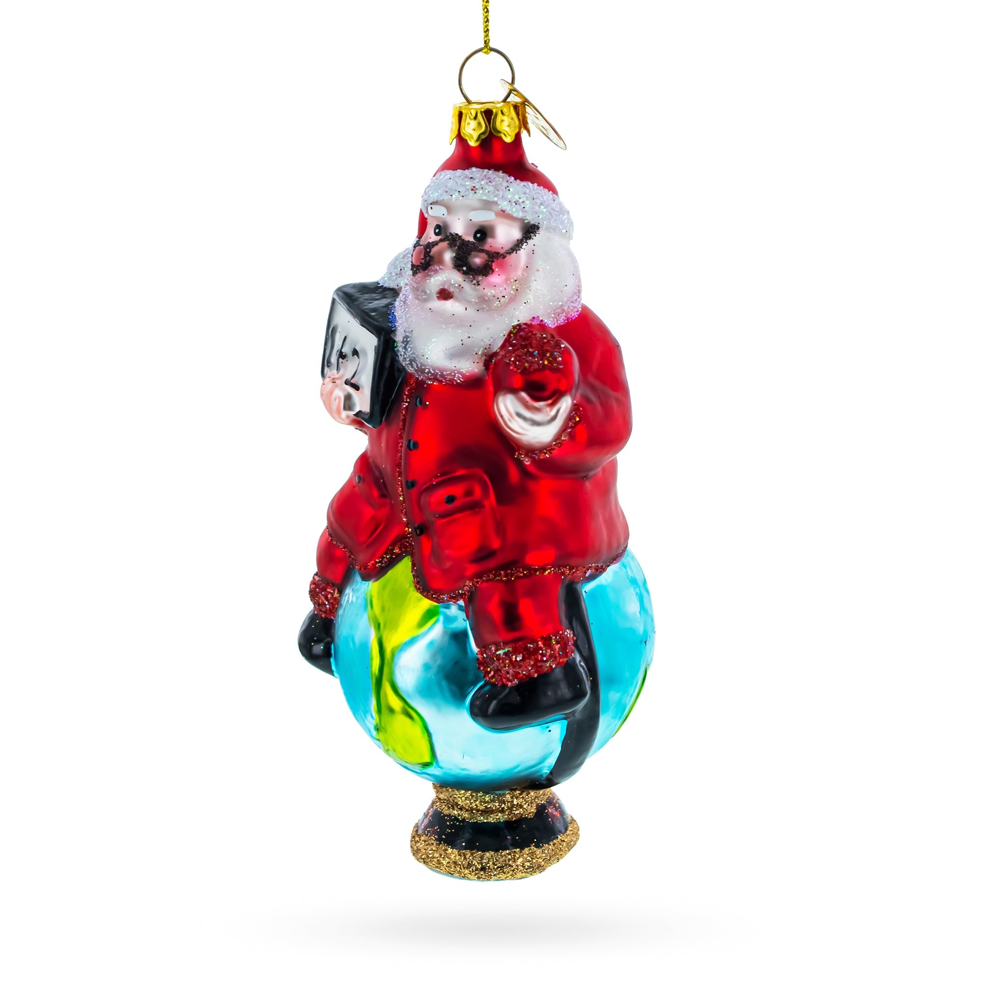 Educational Teacher Santa On World Globe - Blown Glass Christmas Ornament