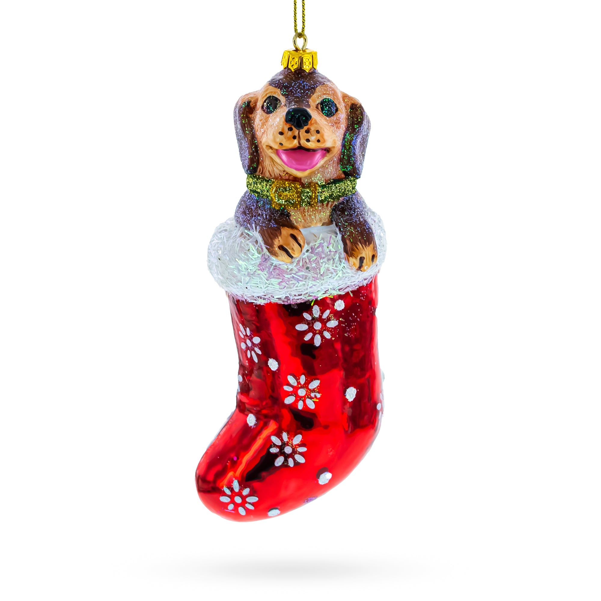 Joyful Puppy Nestled In Red Christmas Stocking -  High-quality Blown Glass Christmas Ornament