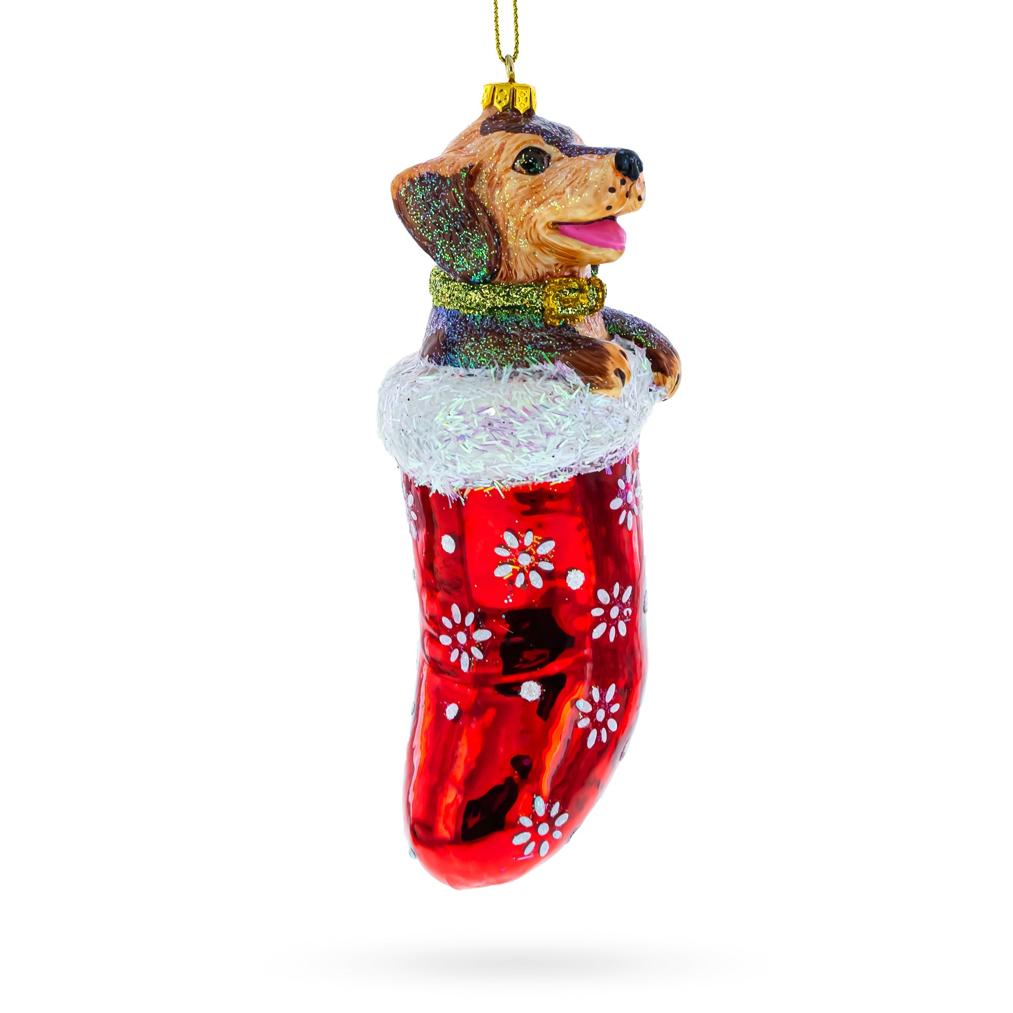 Joyful Puppy Nestled In Red Christmas Stocking -  High-quality Blown Glass Christmas Ornament