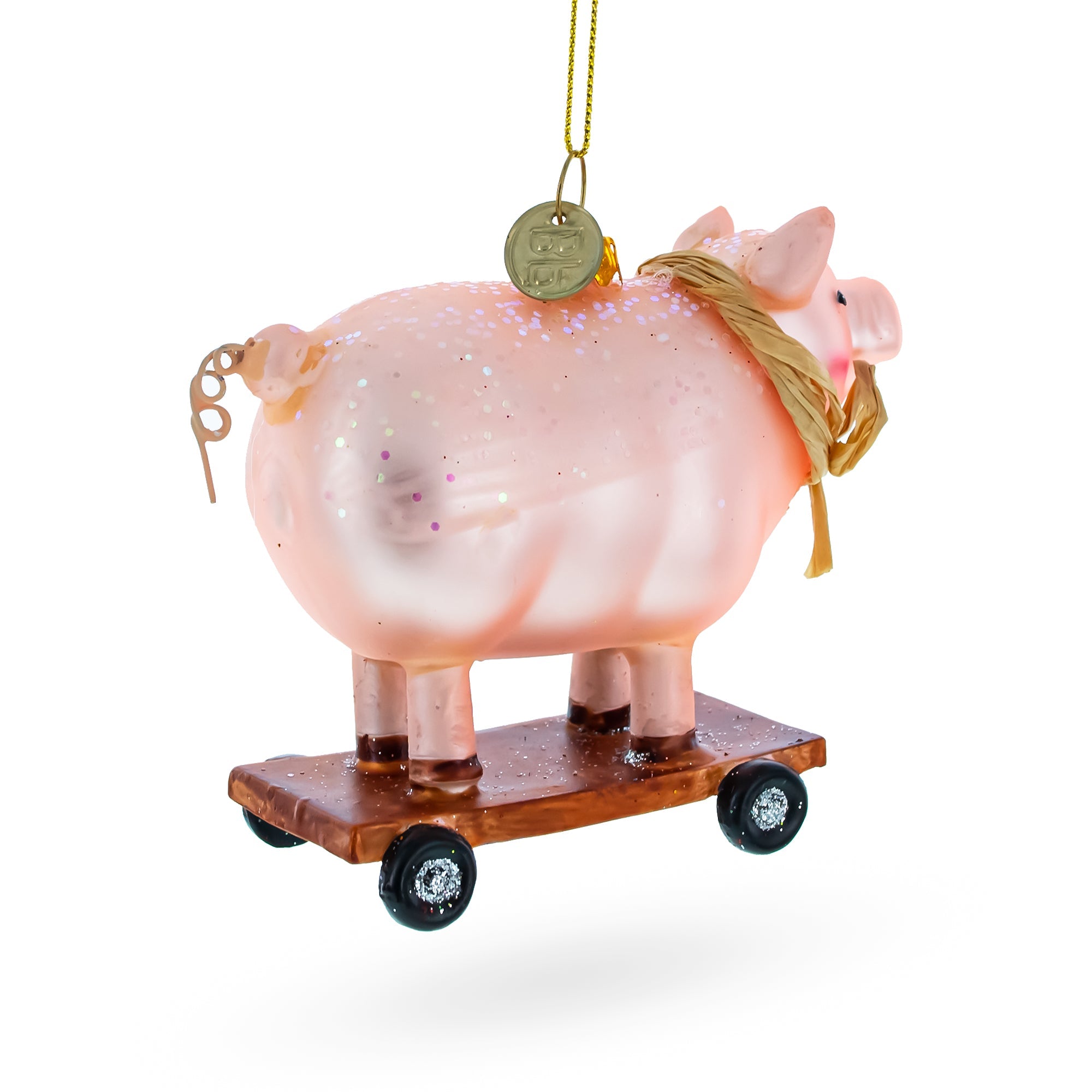 Playful Pig Riding A Skateboard - Blown Glass Christmas Ornament